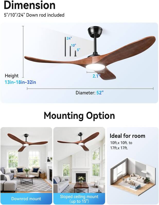 Dimension: 5"/10"/24" Down rod included  
Height: 13in-18in-32in  
Diameter: 52"  
Mounting Option: Downrod mount, Sloped ceiling mount (up to 15°)  
Ideal for room: 10ft.x 10ft. to 17ft.x 17ft.