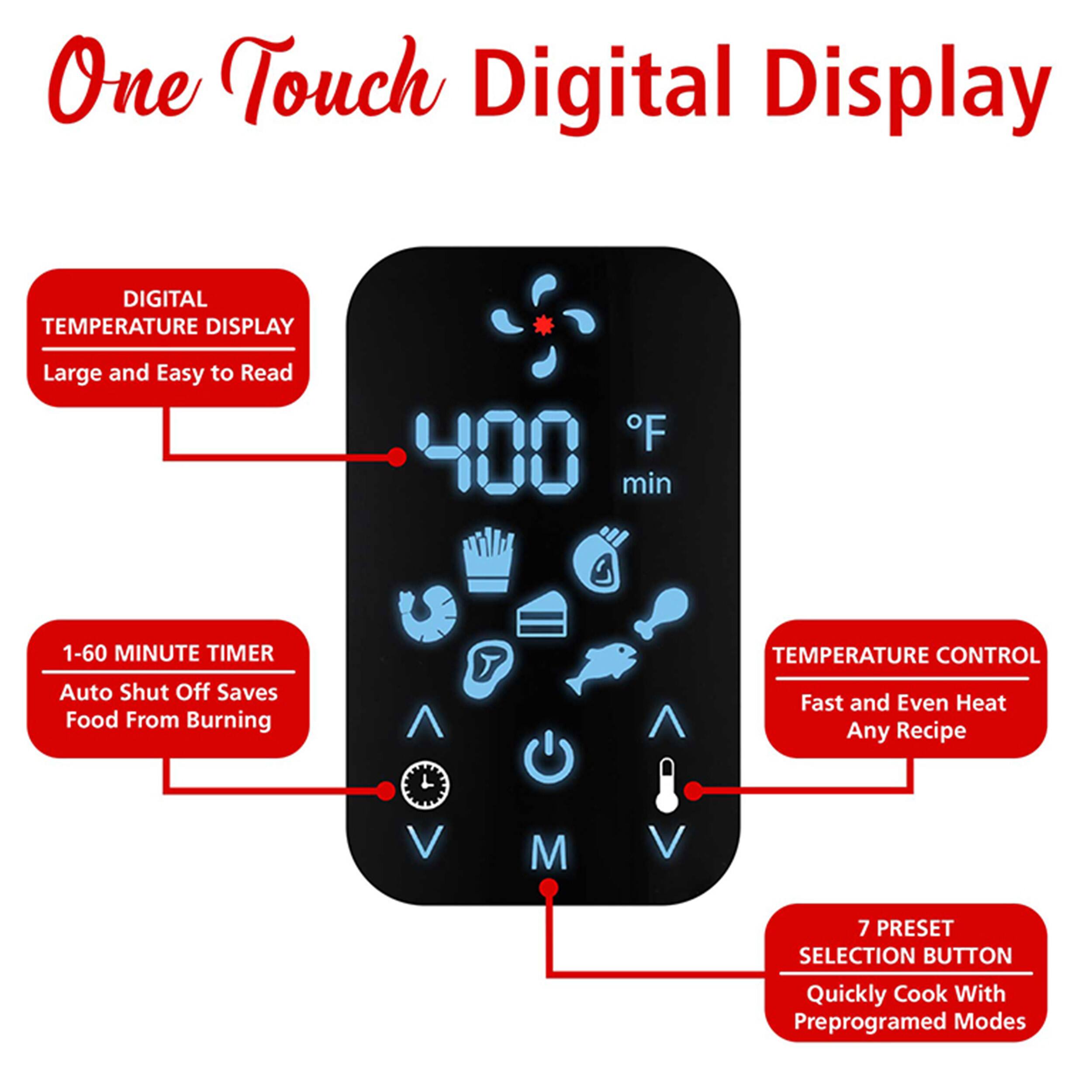 One Touch Digital Display: Digital Temperature Display, Large and Easy to Read, 400°F Min, 1-60 Minute Timer, Auto Shut Off, Saves Food From Burning, Temperature Control, Fast and Even Heat, Any Recipe, 7 Preset Selection Button, Quickly Cook With Preprogramed Modes.