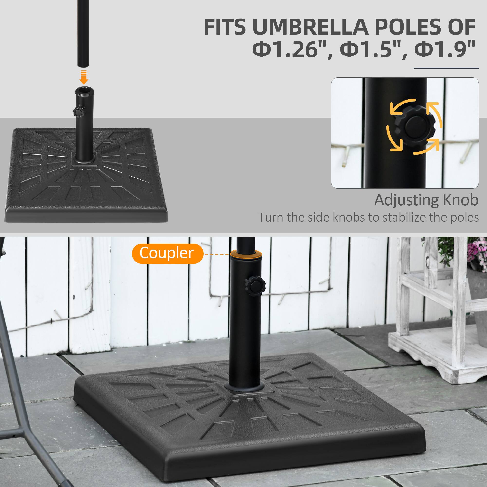 FITS UMBRELLA POLES OF  
Φ1.26", Φ1.5", Φ1.9"

Adjusting Knob  
Turn the side knobs to stabilize the poles

Coupler