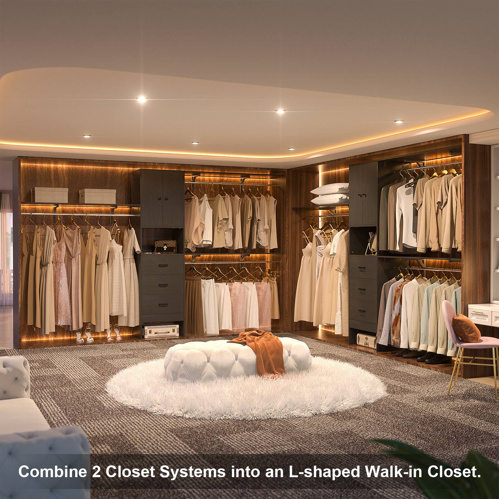 Combine 2 Closet Systems into an L-shaped Walk-in Closet.