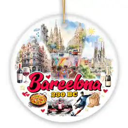 OrnamentallyYou - Illustrated Barcelona Landmarks Ornament Spain Travel Souvenir and Christmas Gift Circle - Multi-colored