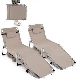 Gymax - 2PCS Tanning Chair w/Face Arm Holes 4-Level Backrest & Head Pillow Side Pocket Sand - Brown