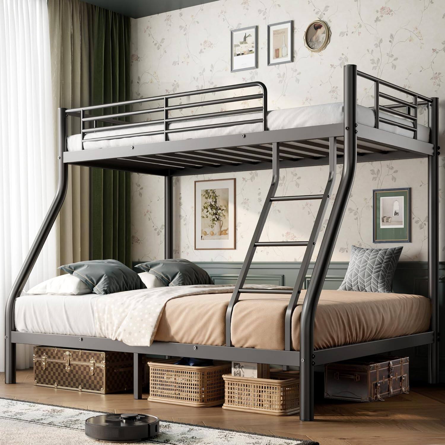 Angle. Decksplore - Bunk Beds Twin Over Full Size, Heavy Duty Bunk Beds with Bottom Space & Guardrail Metal Bunk Bed Frame - Black.