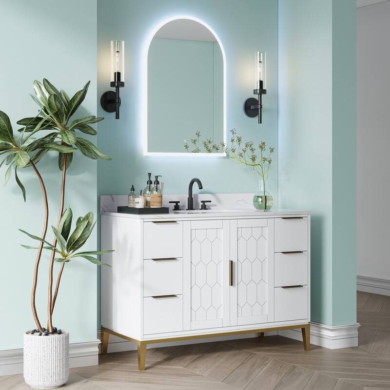 Angle. WELLFOR - 24 inx36 in Frameless Arched Bathroom Mirror with LED Lights & Anti-Fog, Wall-Mounted Vanity Mirrors with Dimmable - Chrome.