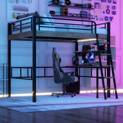 Front. Aukfa - Metal Full Size Loft Bed with LED, Built-in Desk, Storage Shelf and Ladder - Black.