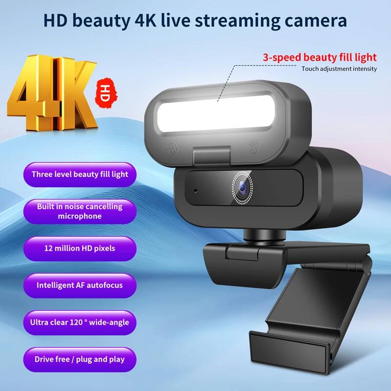 HD beauty 4K live streaming camera  
- 3-speed beauty fill light  
- Touch adjustment intensity  
- Three level beauty fill light  
- Built in noise cancelling microphone  
- 12 million HD pixels  
- Intelligent AF autofocus  
- Ultra clear 120° wide-angle  
- Drive free / plug and play