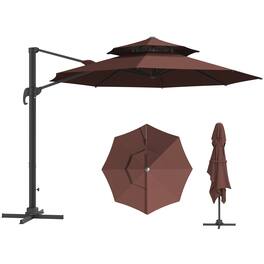 Outsunny - 11ft Cantilever Patio Umbrella with Base, Double Top Hanging Aluminum Offset Umbrella with 360° Rotation, Easy Tilt - Brown