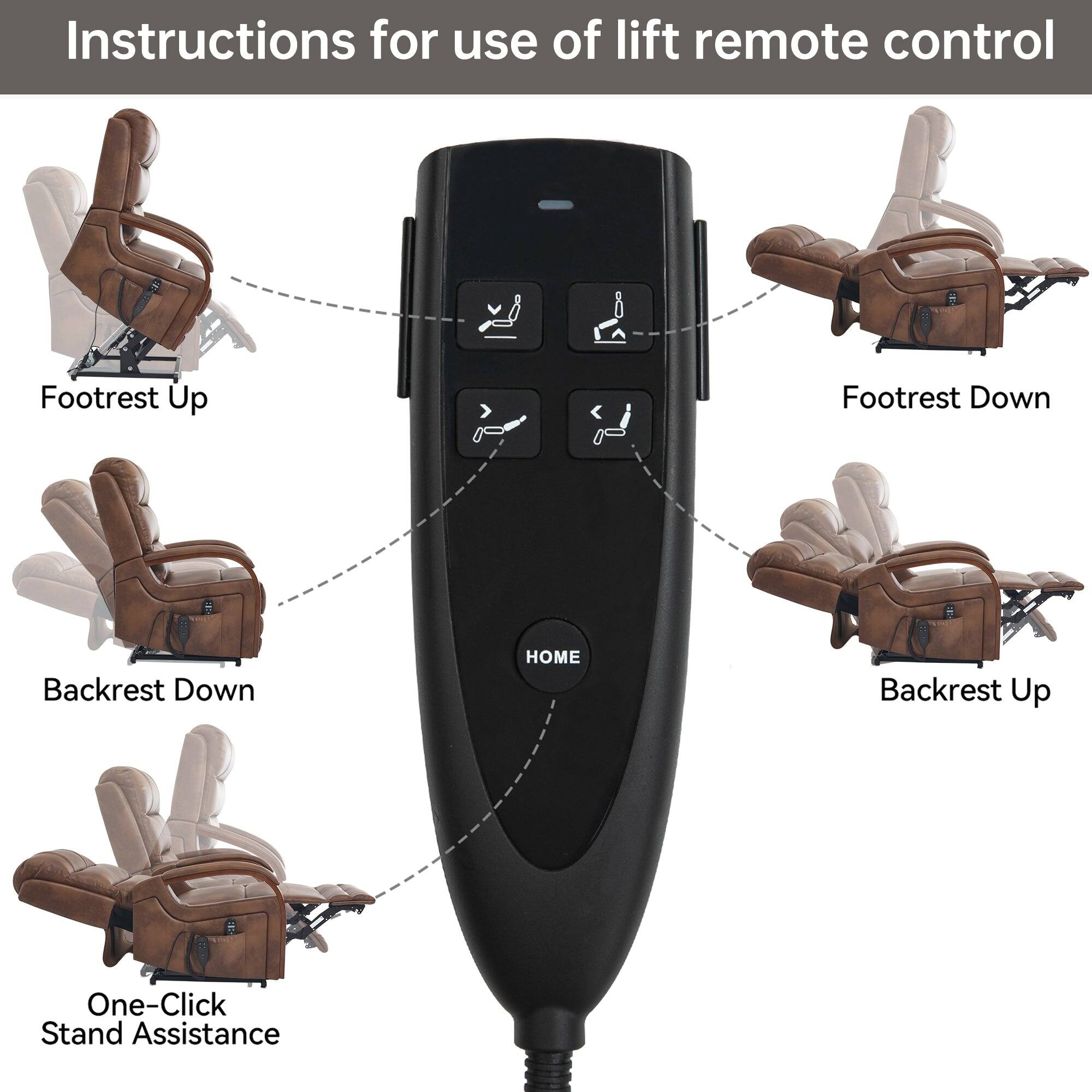Instructions for use of lift remote control

- Footrest Up
- Footrest Down
- Backrest Down
- Backrest Up
- One-Click Stand Assistance
- HOME