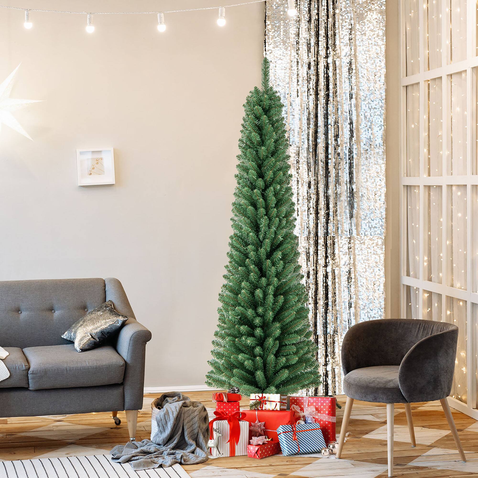 Alt View 3. Gymax - Gymax 6 FT Pencil Christmas Tree w/392 Memory Wire Branch Tips 140 LED Lights for Home - Green.