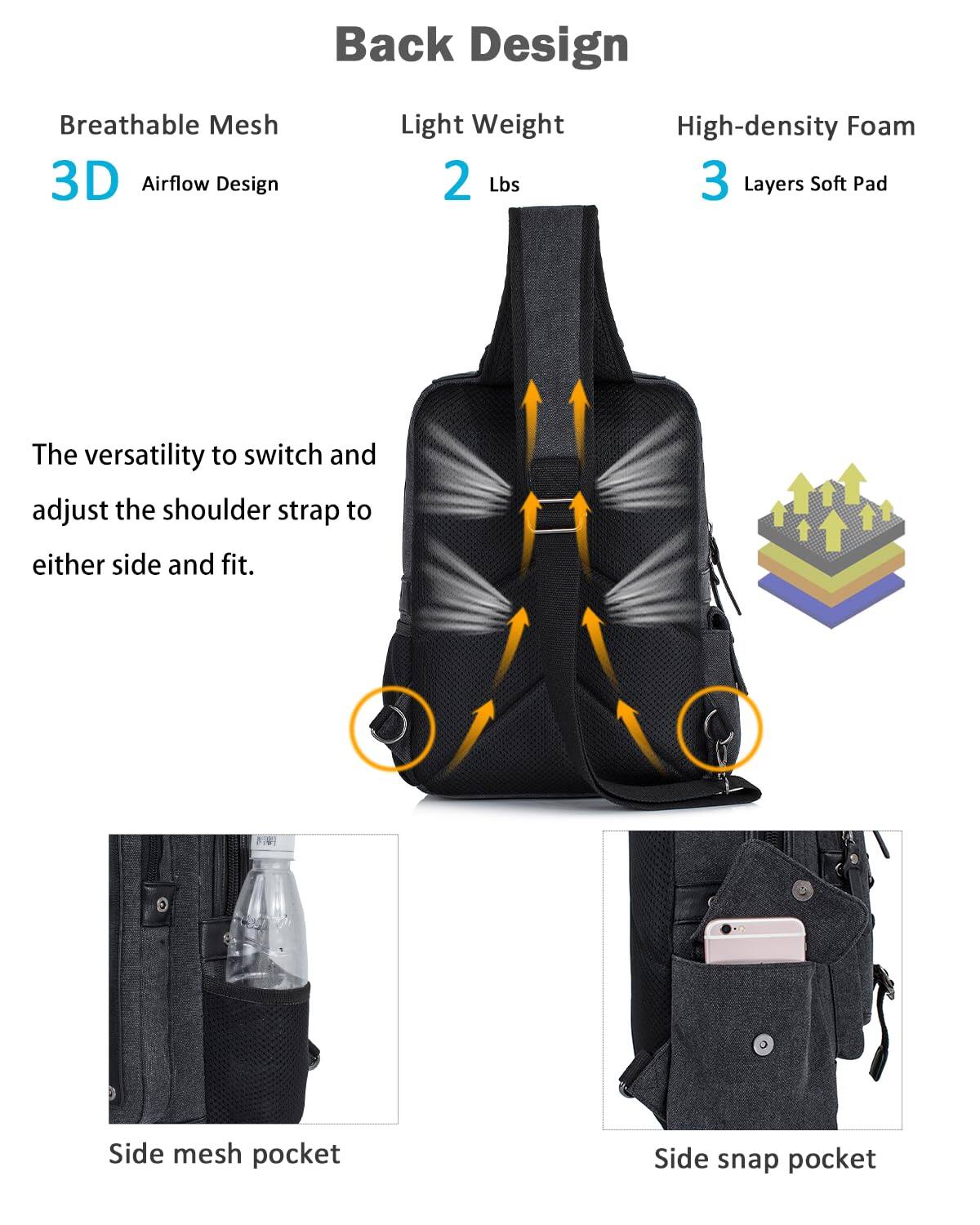Back Design

- Breathable Mesh
- 3D Airflow Design
- Light Weight 2 Lbs
- High-density Foam 3 Layers Soft Pad

The versatility to switch and adjust the shoulder strap to either side and fit.

- Side mesh pocket
- Side snap pocket