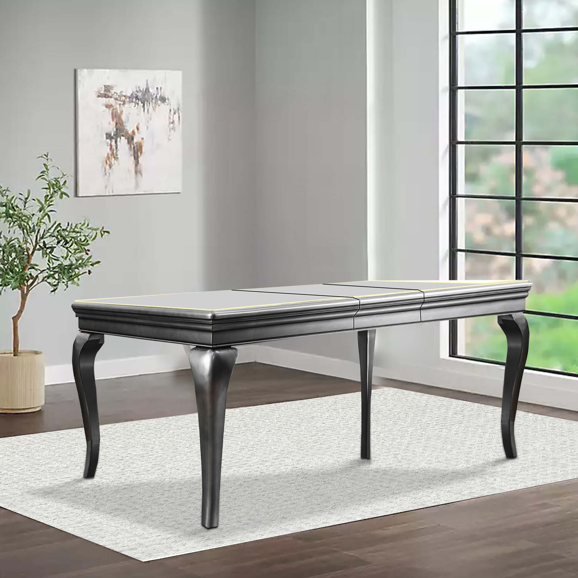 Alt View 5. Manhattan Lane - Wood and Mirror Dining Table with Extendable Leaf, Gray and Silver - Gray and Silver.