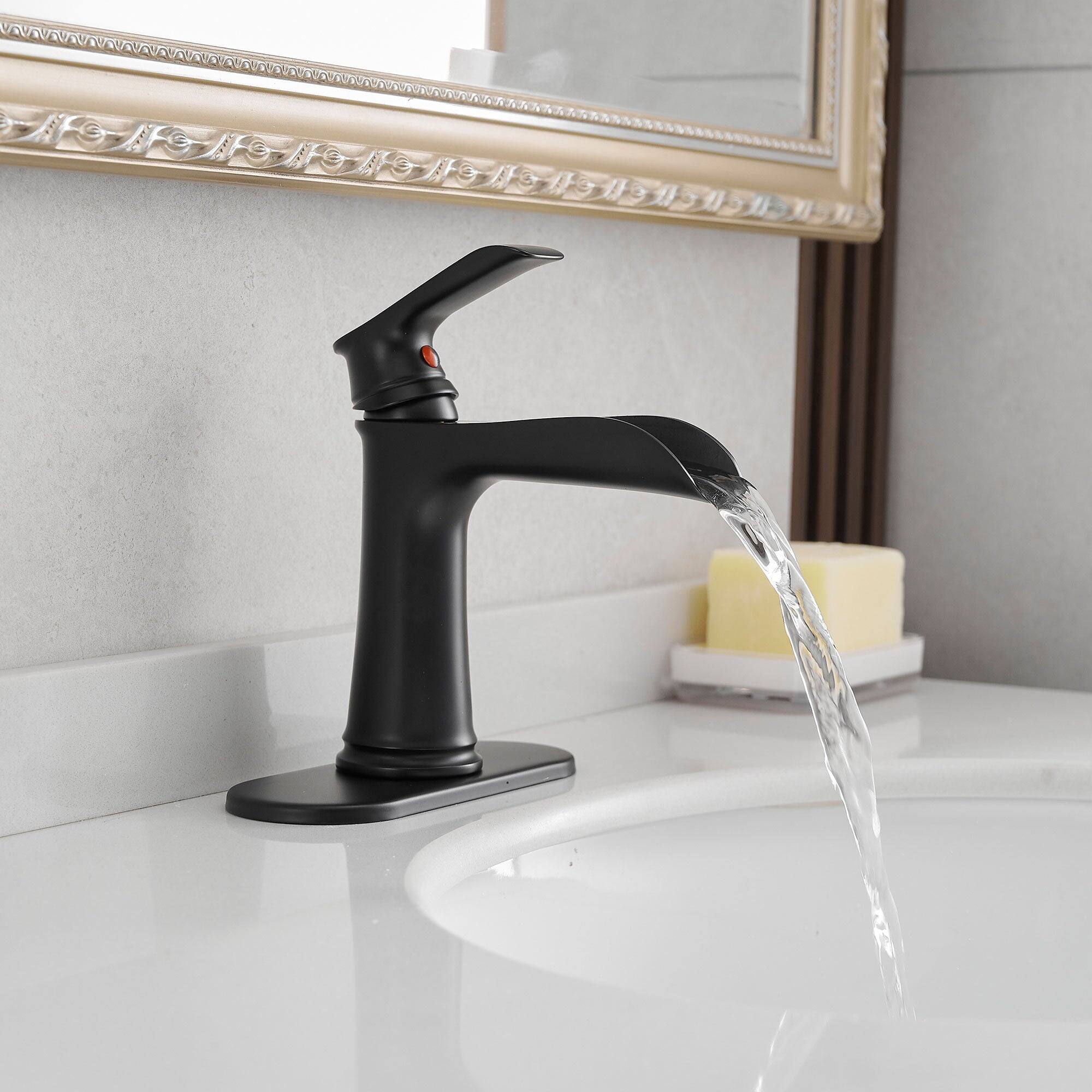 Left. Boyel Living - Single Handle Single Hole Bathroom Faucet Matte Black with Deck Plate Pop Up Drain and Water Supply Hoses - Matte Black.