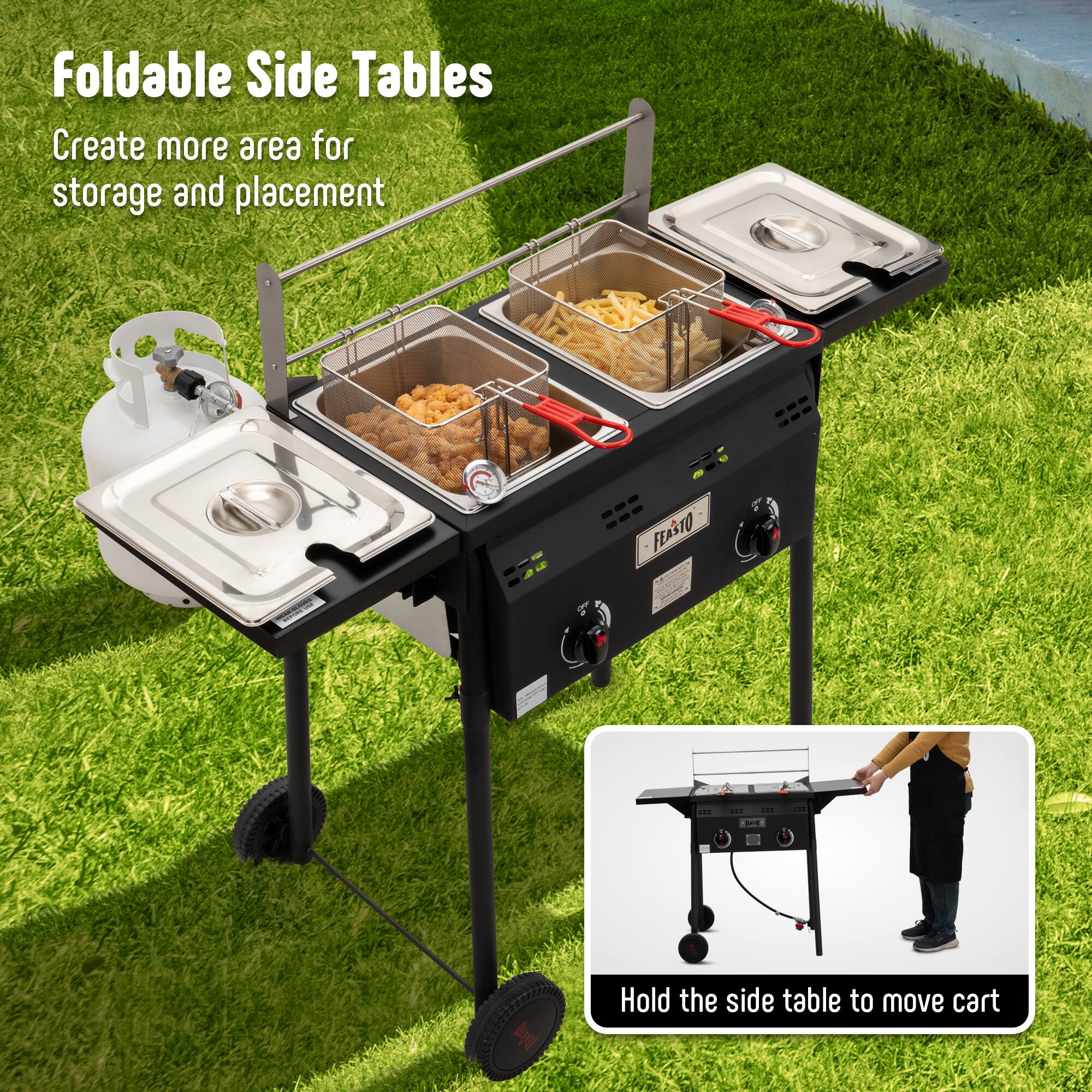 Foldable Side Tables  
Create more area for storage and placement  

Hold the side table to move cart