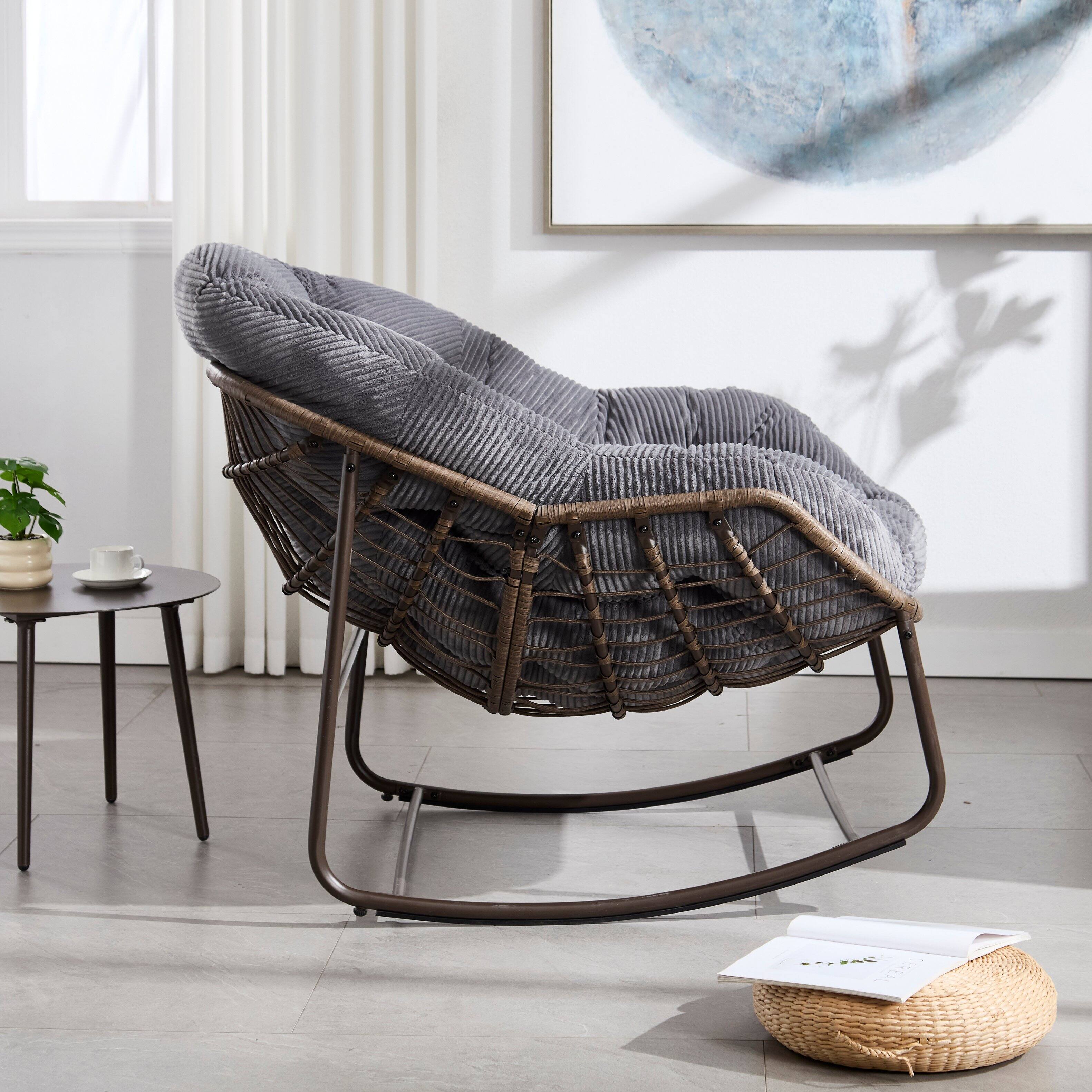 Left. Whisen - Oversized 1-Piece Rattan Rocking Chair, Outdoor Patio Rocker with Thick Padded Cushion & Sturdy Steel Frame - Gray.