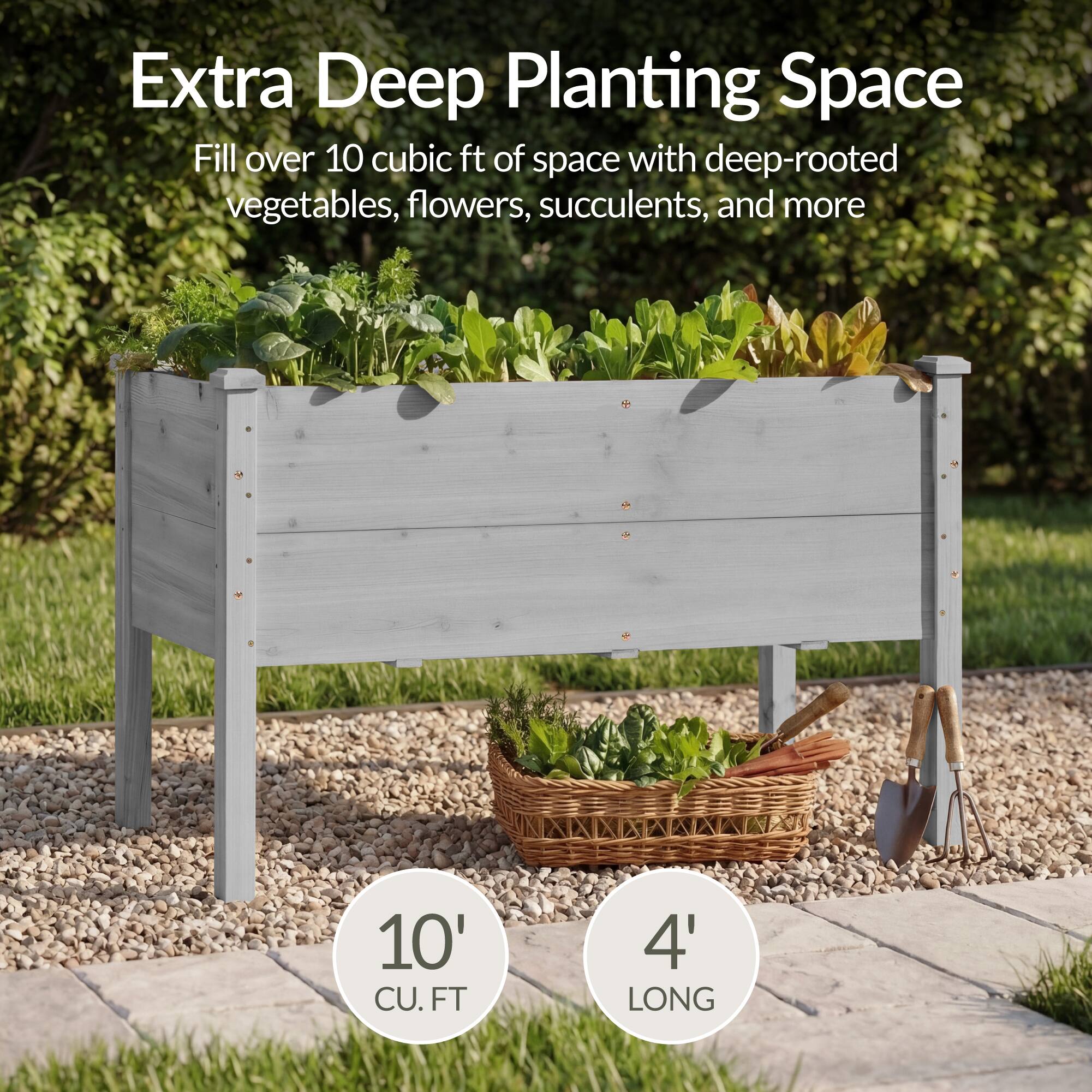 Extra Deep Planting Space

Fill over 10 cubic ft of space with deep-rooted vegetables, flowers, succulents, and more

10' CU. FT

4' LONG