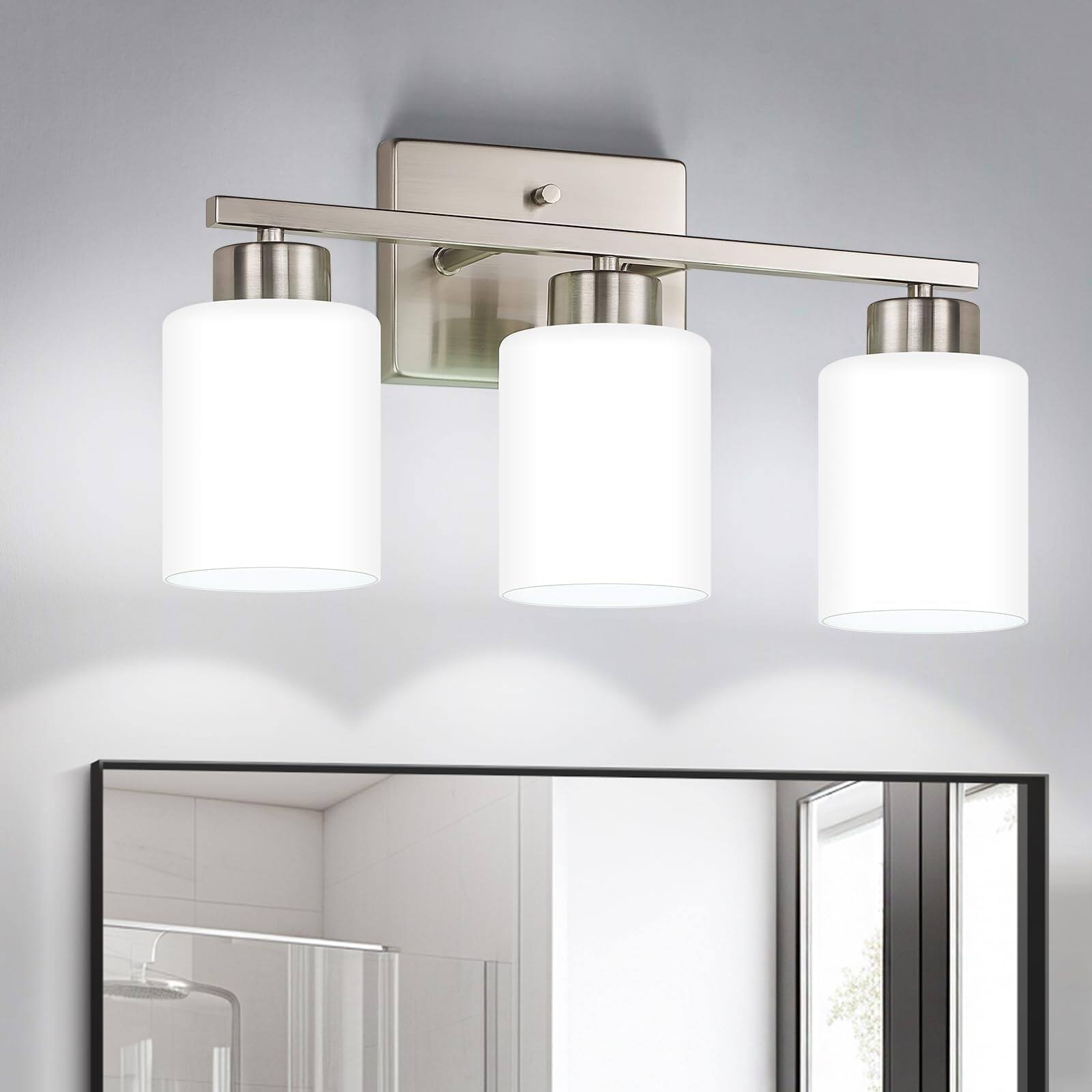 Front. Dazzling Pops - Bathroom Light Fixtures Modern Vanity Over Mirror Wall Sconces With Milky Frosted Glass Shades E Socket - Brushed Nickel 3-Light.