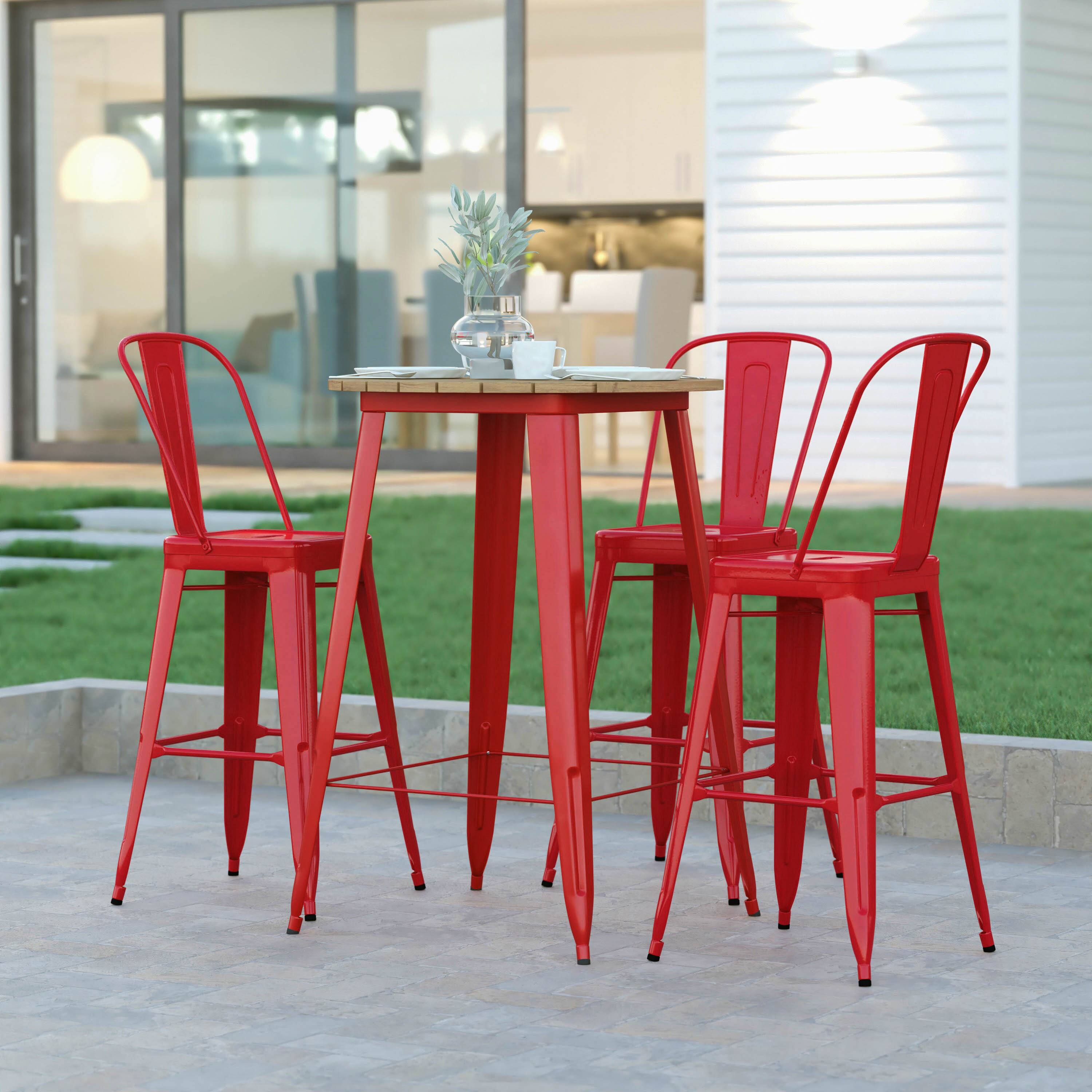 Alt View 1. Emma + Oliver - Drew Indoor/Outdoor Bar Top Table, 30" Round All Weather Poly Resin Top with Steel base - Brown Top/Red Frame.