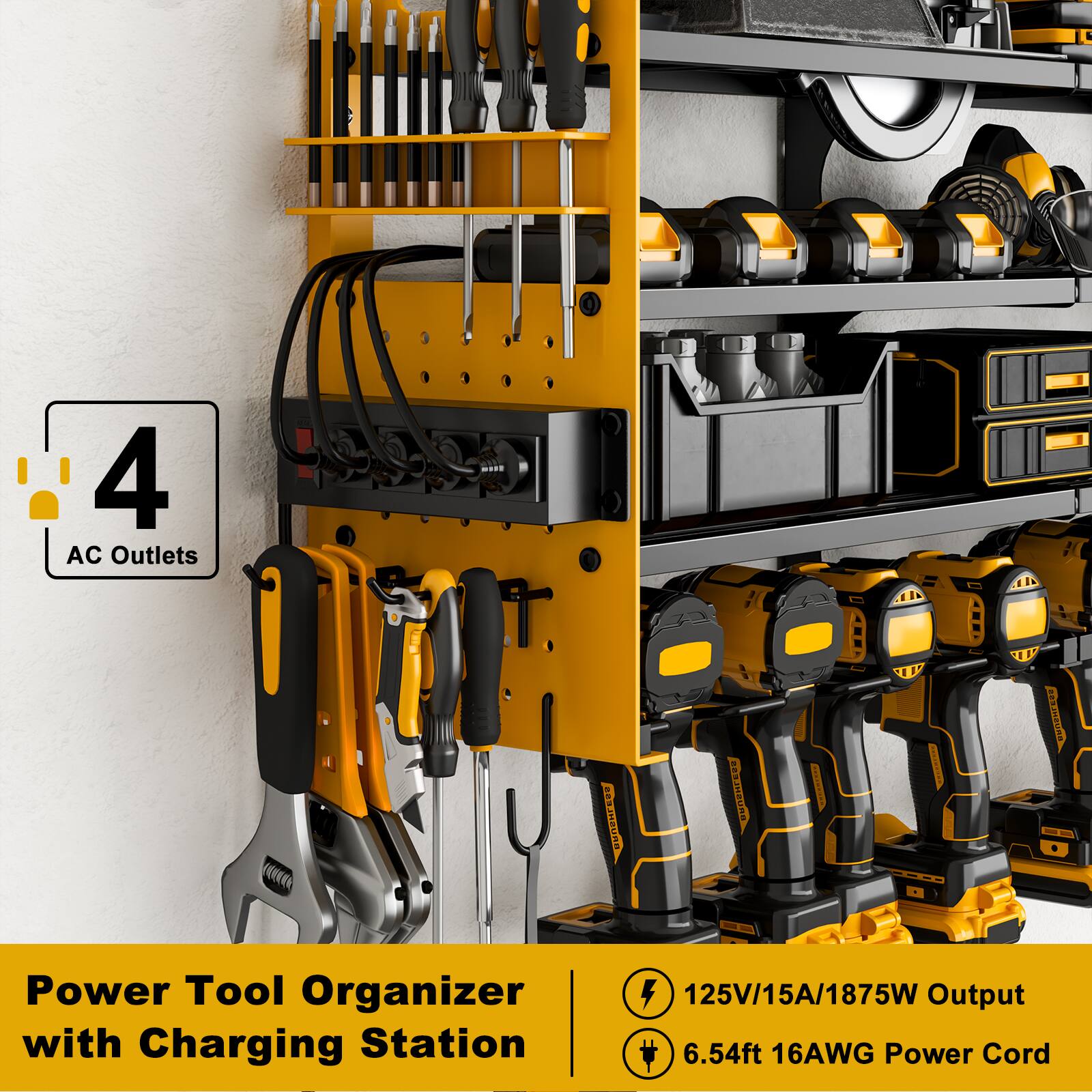 A 4 AC Outlets Power Tool Organizer with Charging Station  
- 125V/15A/1875W Output  
- 6.54ft 16AWG Power Cord