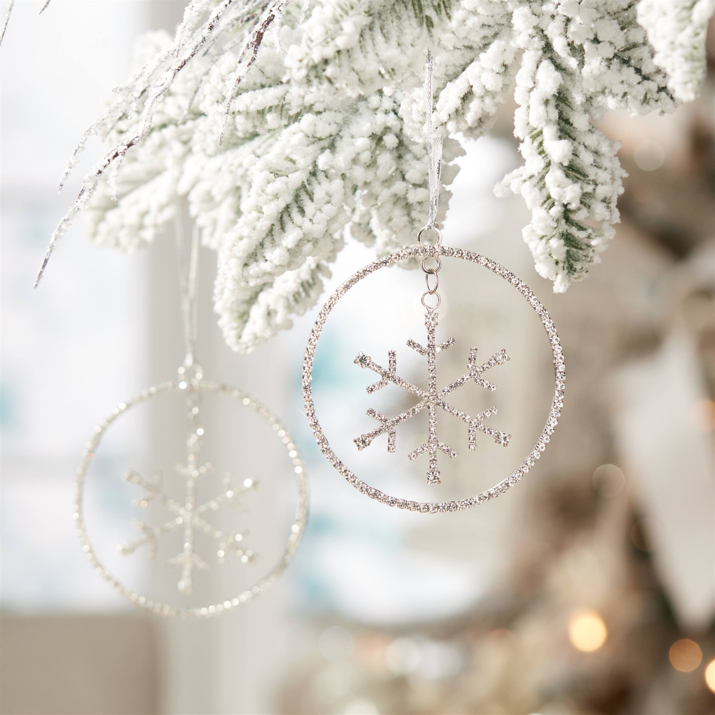 Angle. BreeBe - Jeweled Metal Hanging Snowflake Ornament (Set of 12) - Silver.