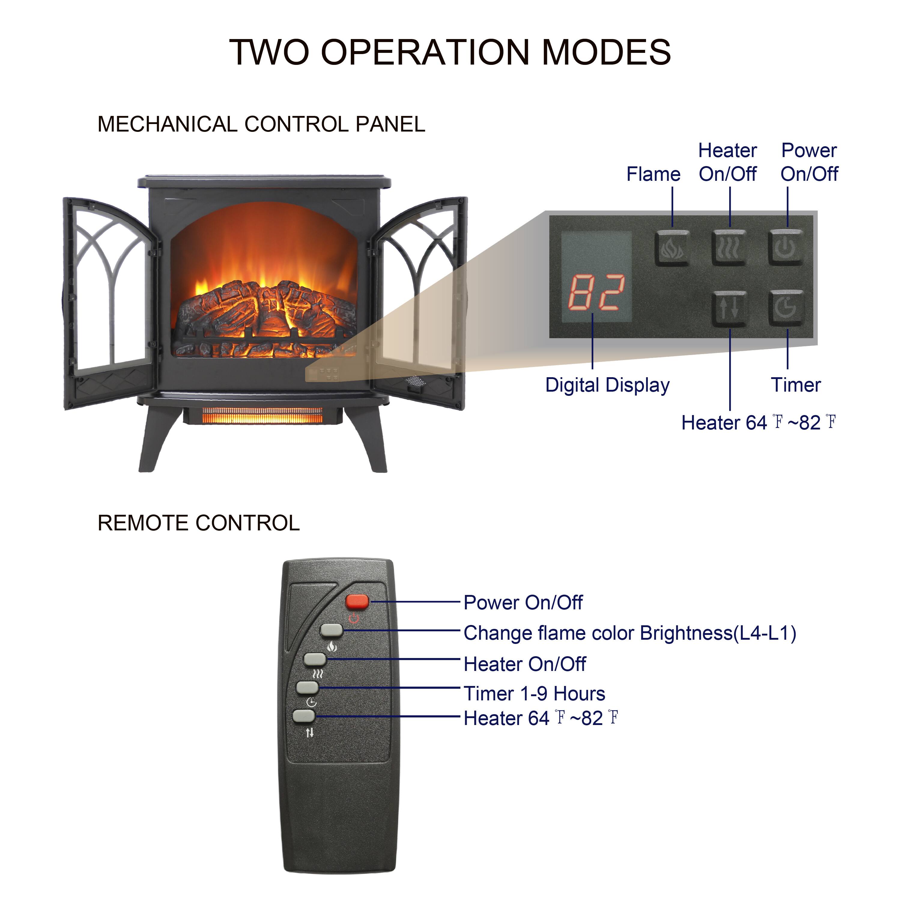 **TWO OPERATION MODES**

**MECHANICAL CONTROL PANEL**
- Heater Power Flame On/Off
- Digital Display Timer
- Heater 64°F ~ 82°F

**REMOTE CONTROL**
- Power On/Off
- Change flame color Brightness (L4-L1)
- Heater On/Off
- Timer 1-9 Hours
- Heater 64°F ~ 82°F