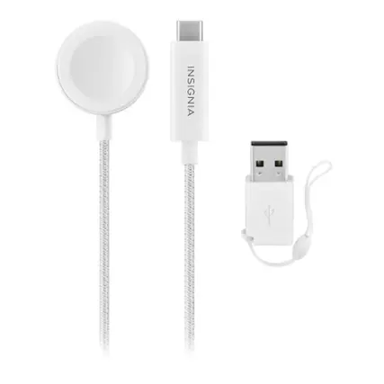 Front. Insignia™ - 4 ft. Apple Watch Magnetic Charging Cable to USB-C Braided Cable with USB Adapter - White.