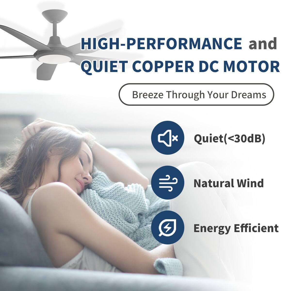 HIGH-PERFORMANCE and QUIET COPPER DC MOTOR  
Breeze Through Your Dreams  

- Quiet (<30dB)  
- Natural Wind  
- Energy Efficient