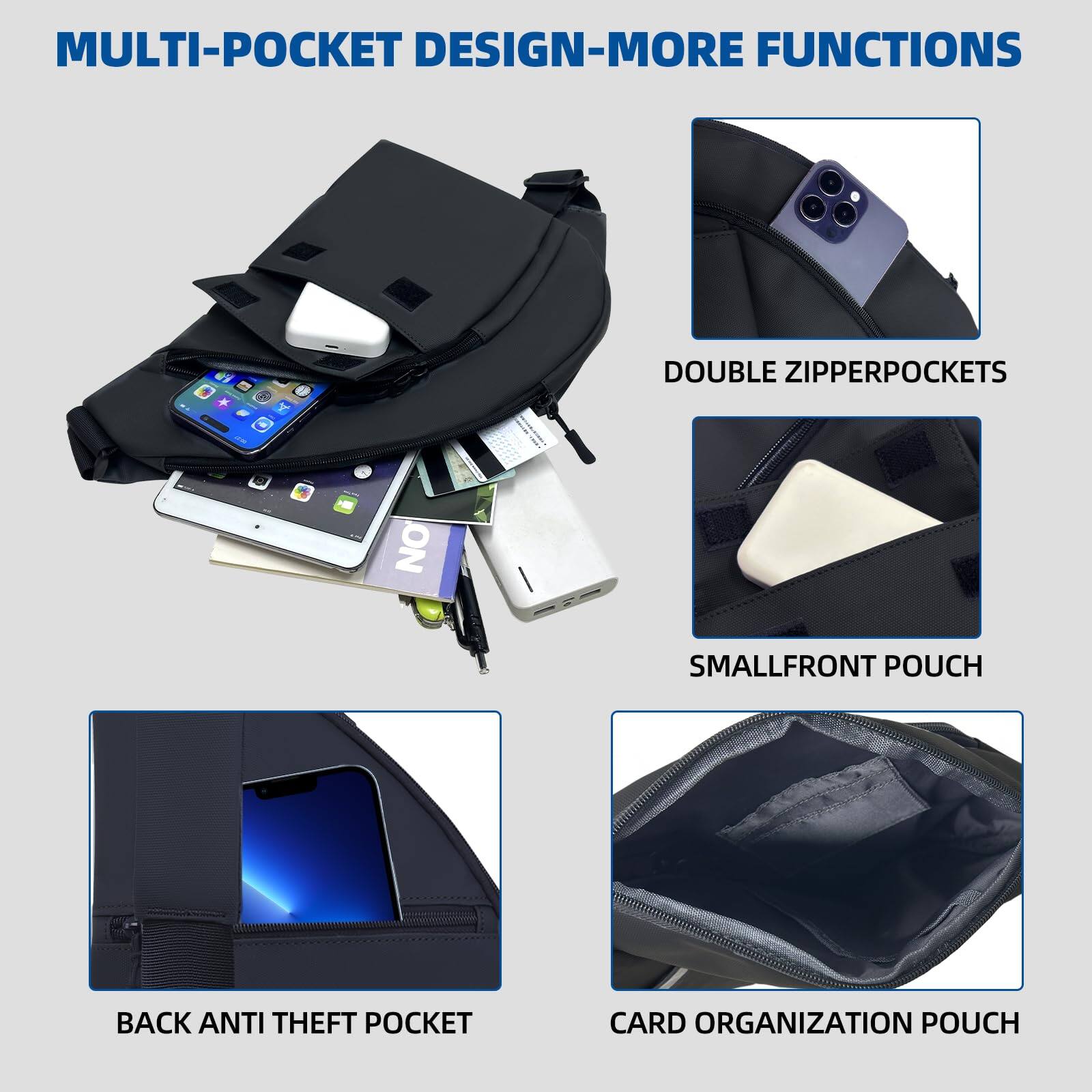 MULTI-POCKET DESIGN - MORE FUNCTIONS

- DOUBLE ZIPPER POCKETS
- SMALL FRONT POUCH
- BACK ANTI THEFT POCKET
- CARD ORGANIZATION POUCH