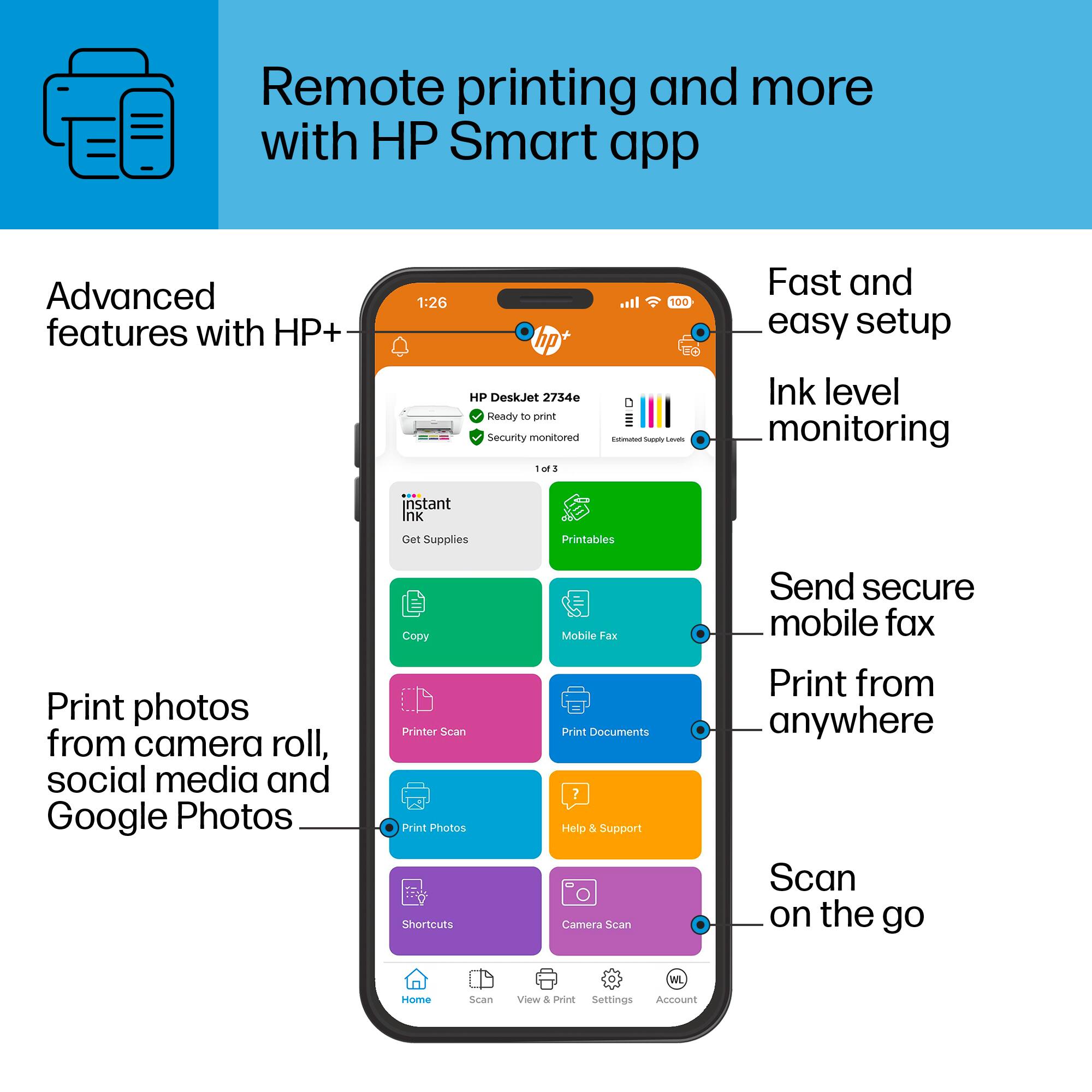 Remote printing and more with HP Smart app: Advanced features with HP+ 1:26 100 Fast and easy setup HP DeskJet 2734e Heady to print Security monitored La03 i hast -- Ink level monitoring instant Det Supplies Printables Copy Mobile Fax Send secure mobile fax Print photos from camera roll, social media and Google Photos Printer Scan Print Photos Shortcuts Print Documents ? Help s Support Camera Scan Print from anywhere Scan on the go WL Home Scan View & Print Settings Account