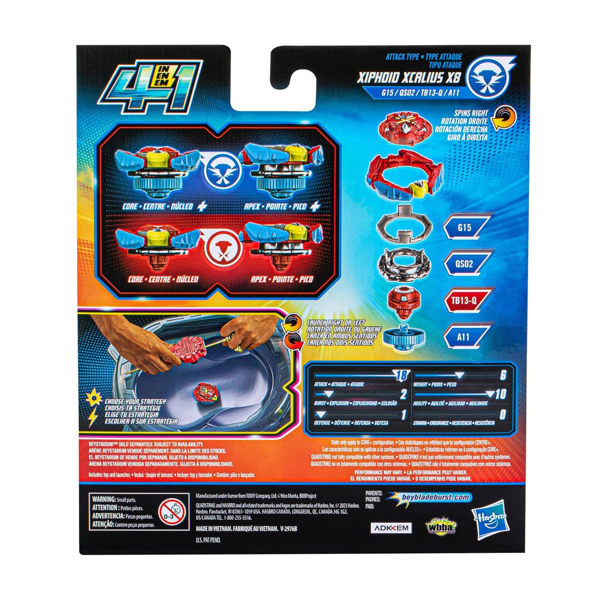 Sure, here is the corrected and grouped text from the image:

---

**Top Left:**
- 4H1

**Top Center:**
- IN EM 41
- ATTACK TYPE: XIPHOID XCALIUS XB
- G15/QS02/TB13-Q/A11

**Top Right:**
- XIPHOID XCALIUS XB
- G15/QS02/TB13-Q/A11
- SPINS RIGHT
- ROTATION DROITE
- GIRO A DERECHA

**Middle Left:**
- CORE - CENTRE - NUCLEO
- APEX - PICO - PICO

**Middle Center:**
- CORE - CENTRE - NUCLEO
- APEX - PICO - PICO

**Middle Right:**
- G15
- QS02
- TB13-Q
- A11

**Bottom Left:**
- CHOOSE YOUR STRATEGY
- ELIGE TU ESTRATEGIA
- EXCLUIR EN SU ESTRATEGIA

**Bottom Center:**
- ATTACK TYPE: XIPHOID XCALIUS XB
- SP