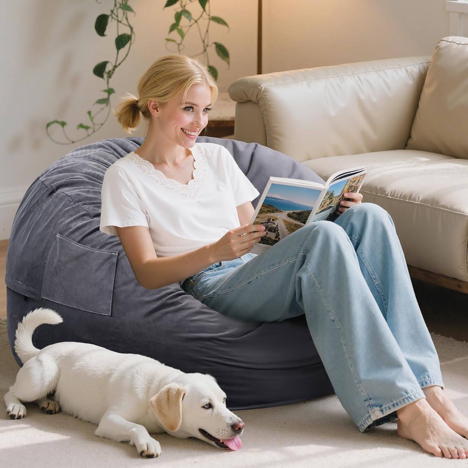 Angle. AOITUN - Bean Bag Chair with Filler Included, 4 FT Comfy Large Beanbag Chairs for Adults Machine Washable, Soft Mink Bonded Cover - Gray.