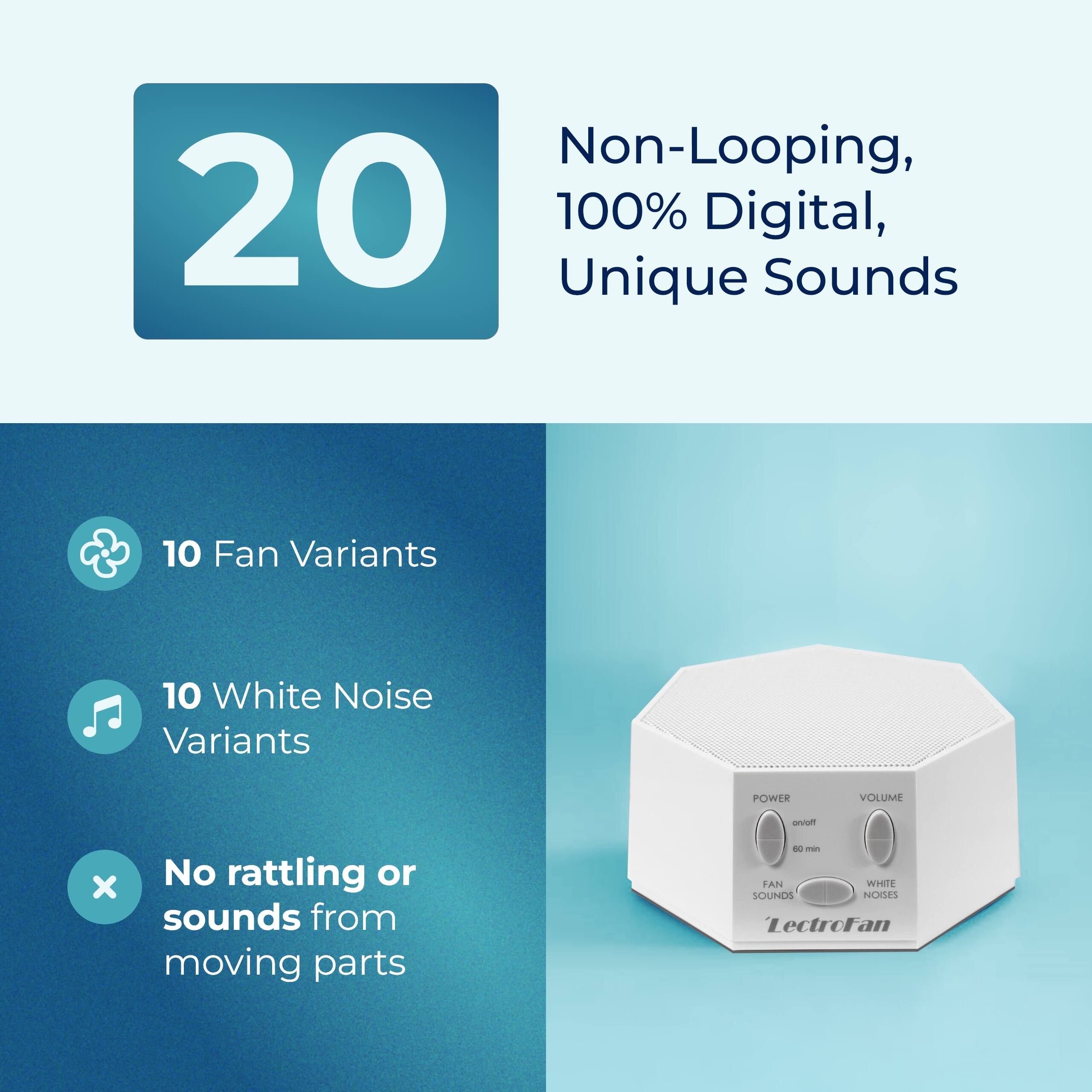 Non-Looping, 100% Digital, Unique Sounds

20

10 Fan Variants

10 White Noise Variants

No rattling or sounds from moving parts

POWER VOLUME

FAN SOUNDS WHITE NOISES

LectroFan
