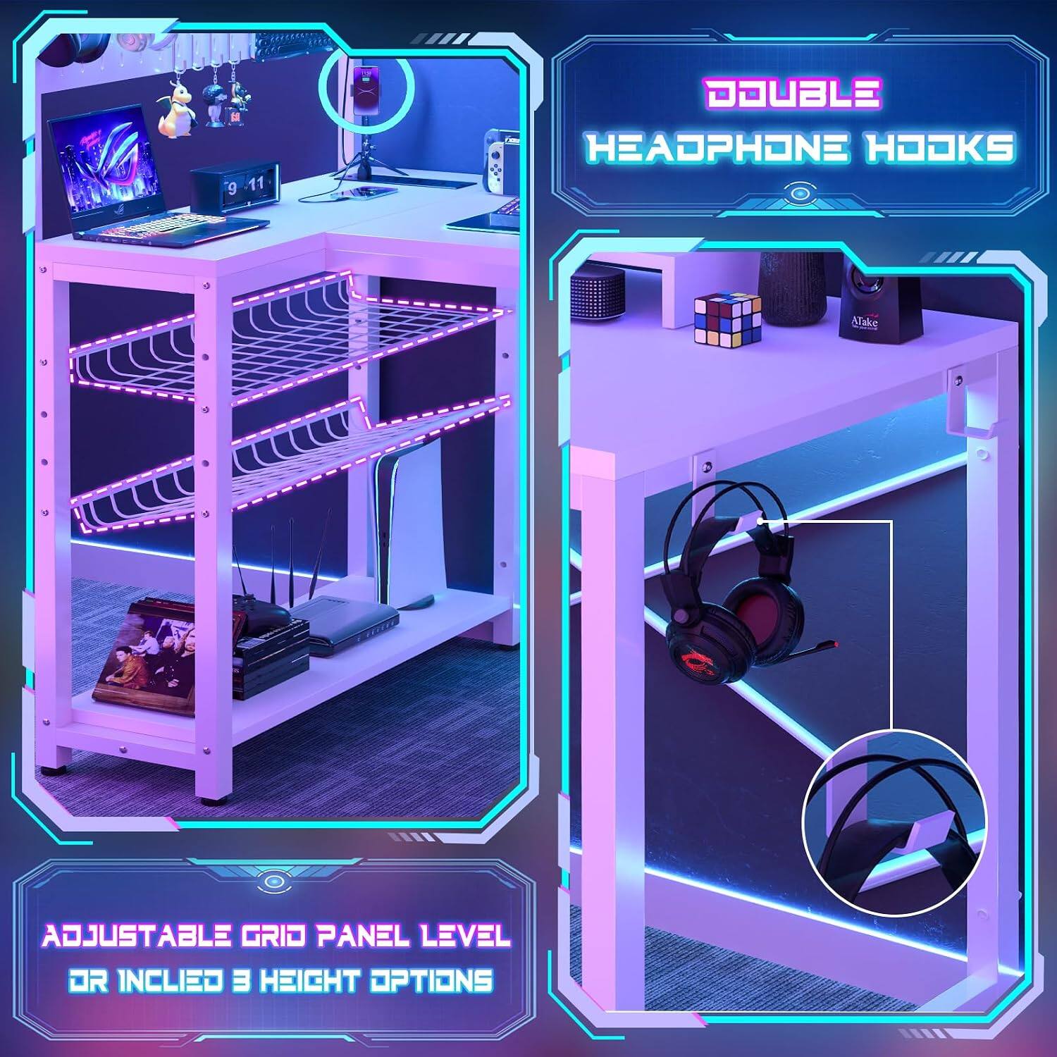 9 11 DOUBLE HEADPHONE HOOKS ATake, ADJUSTABLE GRID PANEL LEVEL OR INCLINED HEIGHT OPTIONS