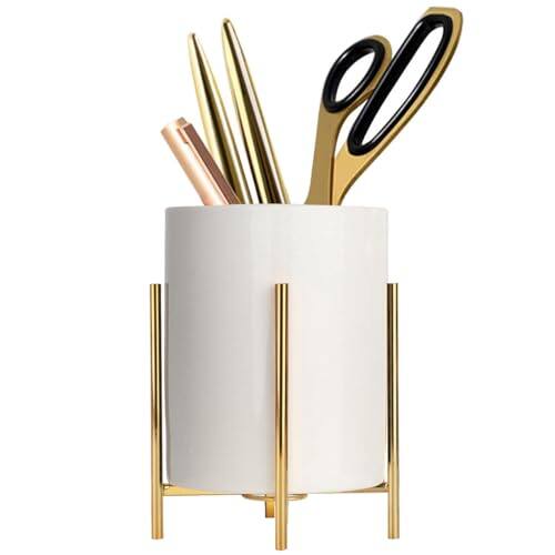 Front. Vulpecula Spade - Gold Pencil Cup Sturdy Metal Frame With White Ceramic Pen Holder For Desks and kitchen Appliance Holders.
