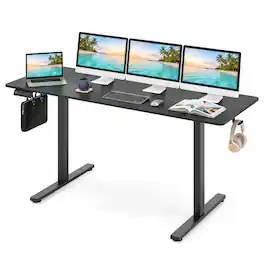 WELLFOR - 63" Electric Standing Desk with 3 Memory Heights and 2 Hanging Hooks, Adjustable Height Sit Stand Home Office Desk - Black