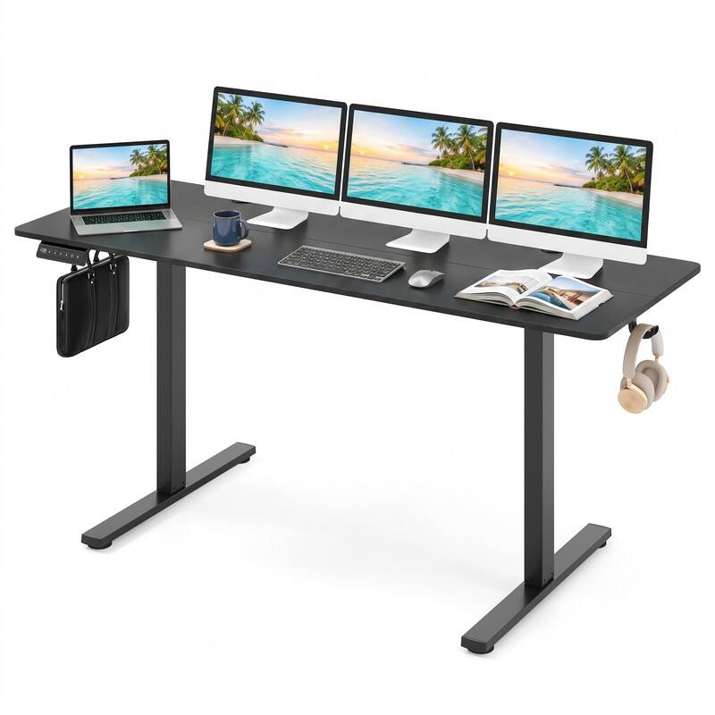 Front. WELLFOR - 63" Electric Standing Desk with 3 Memory Heights and 2 Hanging Hooks, Adjustable Height Sit Stand Home Office Desk - Black.