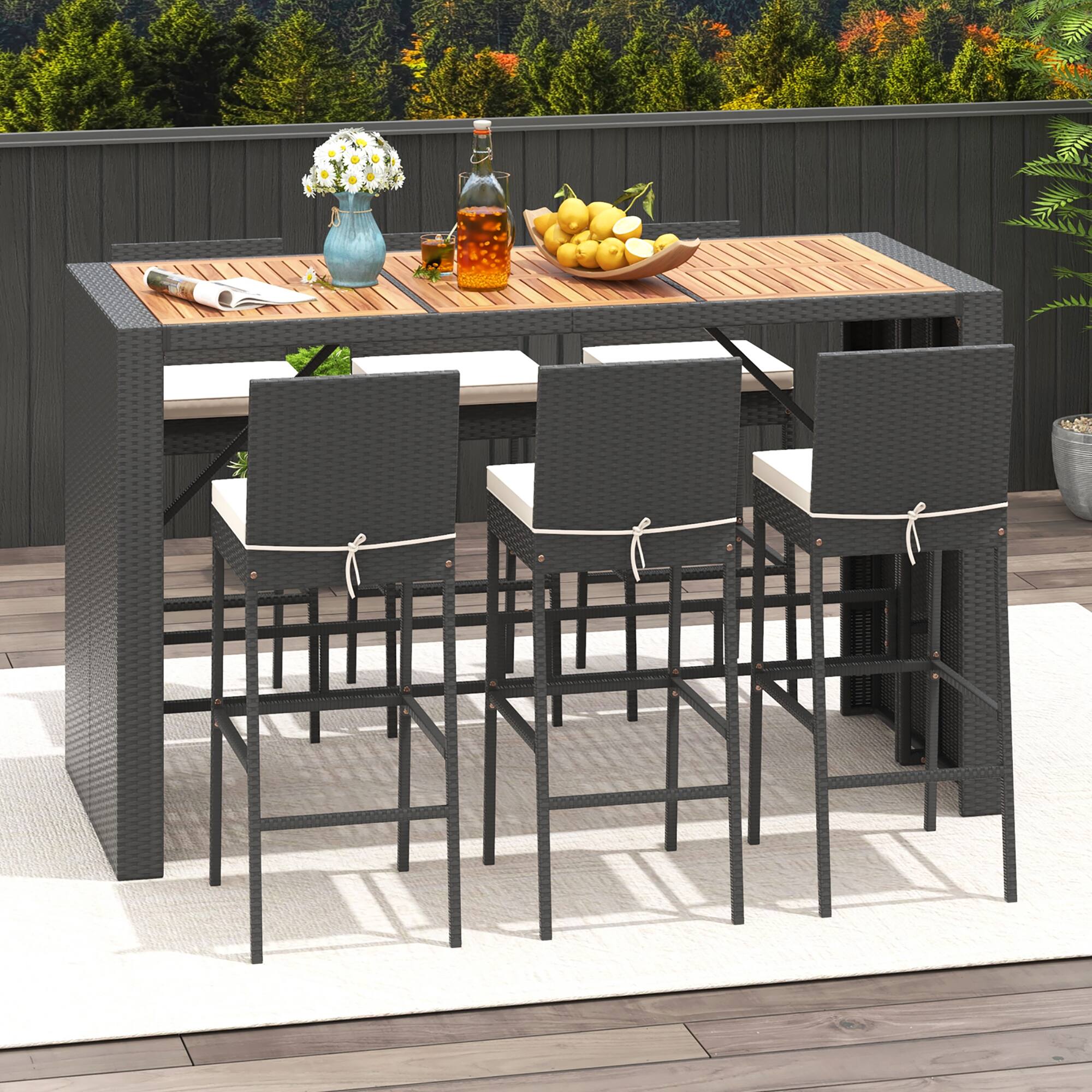 Alt View 4. Gymax - Gymax 7 Pieces Patio Bar Set w/ Acacia Wood Tabletop & Removable Cushions Outdoor - Black.