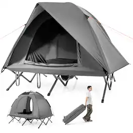 Gymax - 2-Person Camping Cot Combo Off-Ground Travel Cot Tent w/Pop-up Tent Shelter - Gray