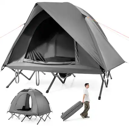 Front. Gymax - Gymax 2-Person Camping Cot Combo Off-Ground Travel Cot Tent w/Pop-up Tent Shelter - Gray.