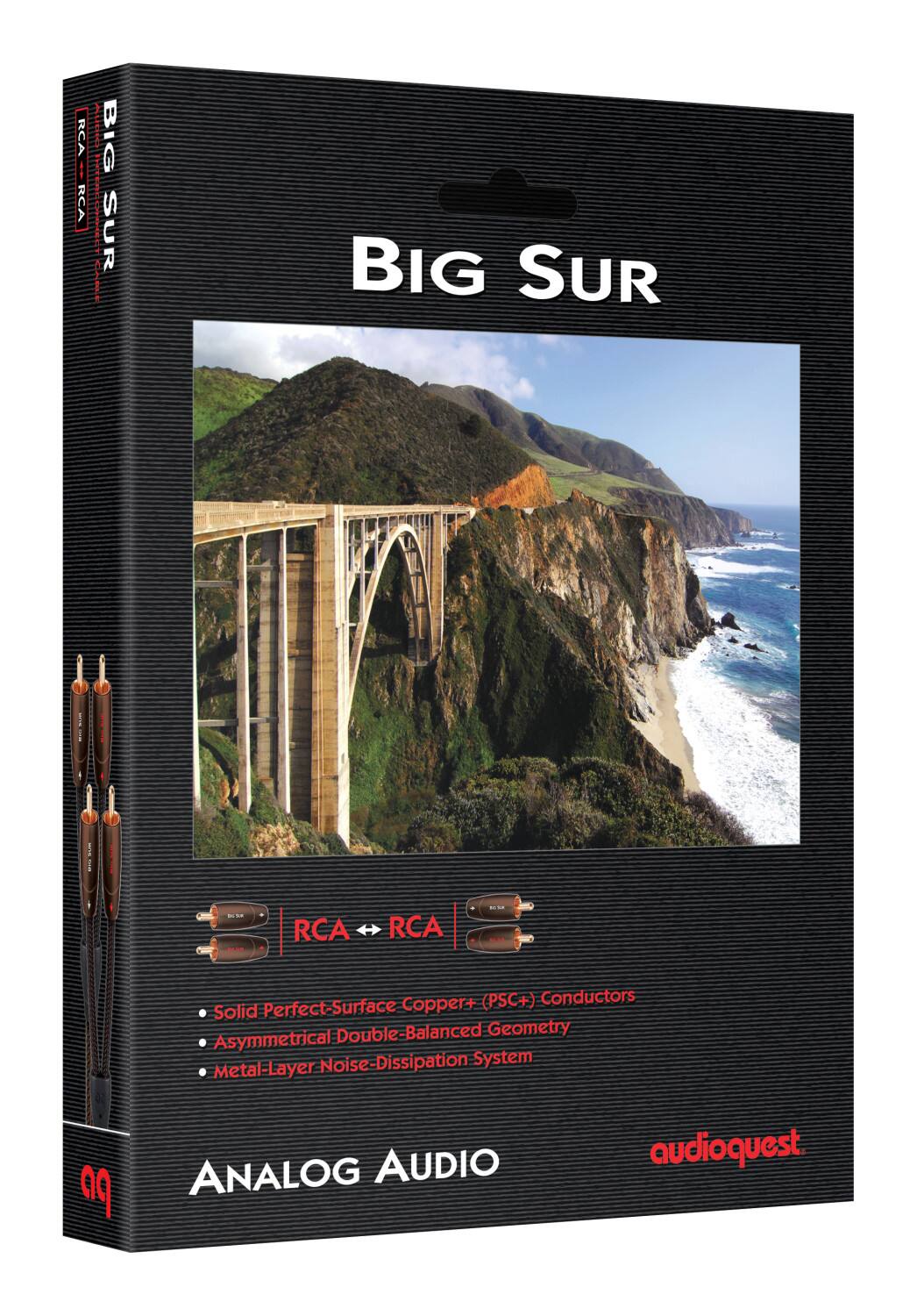 The text on the image is grouped and corrected as follows:
"RCA Big Sur: I-IV RCA a4 Copper+ (PSC+) Conductors Solid Perfect-Surface Double-Balanced Geometry Asymmetrical Noise-Dissipation System Metal-Layer Analog Audio 09 audioquest."
