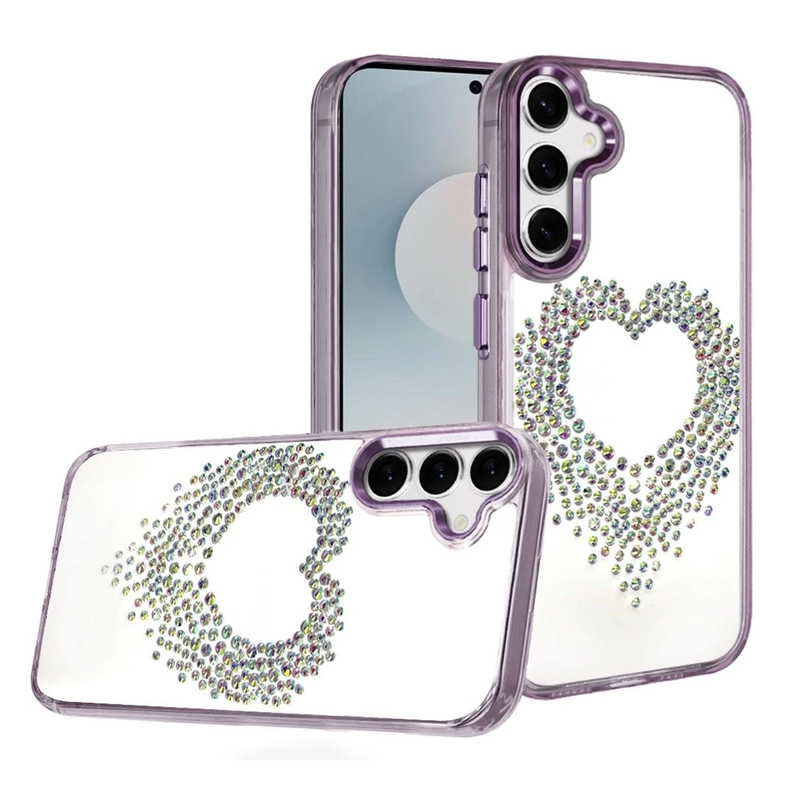 Angle. Kitcheniva - Heart Shaped Rhinestones On Clear Phone Case With Tempered Glass For Samsung Galaxy S25 FE Purple - Purple.