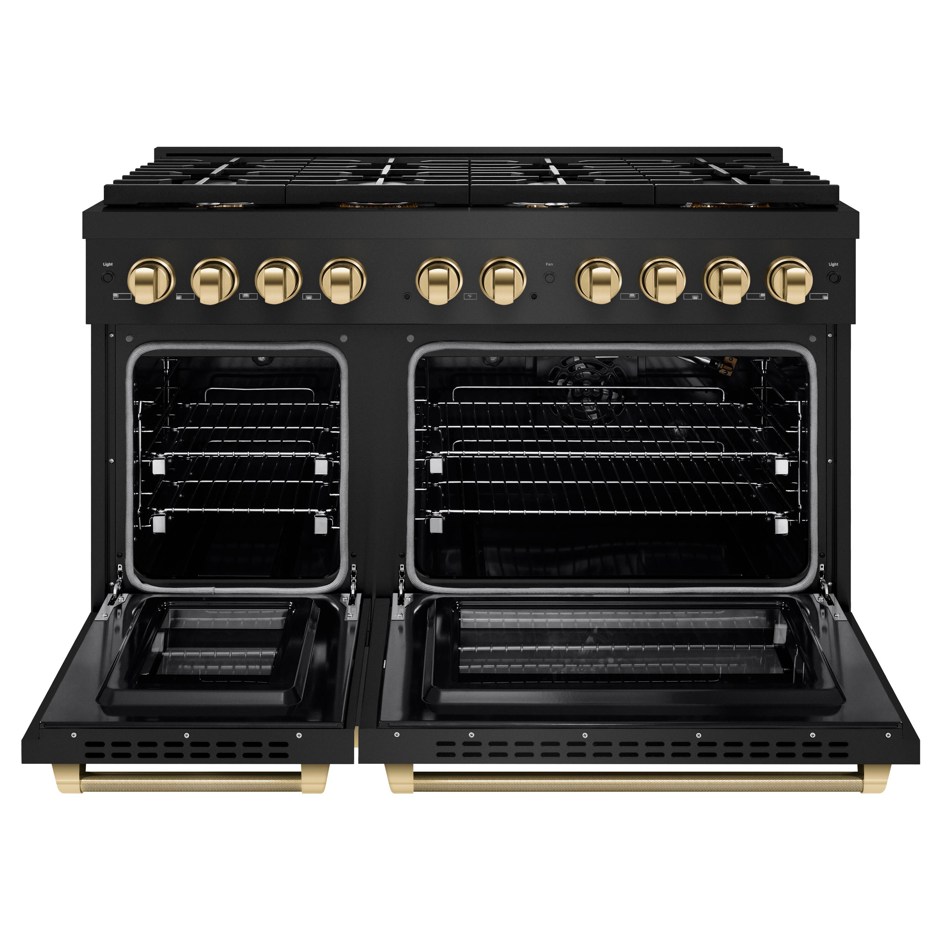 Angle. ZLINE - ZLINE Autograph 48 in. 6.7 Cu. Ft. Freestanding Paramount Gas Range in Black Stainless Steel with Gold Helix Handles - Black Stainless Steel.
