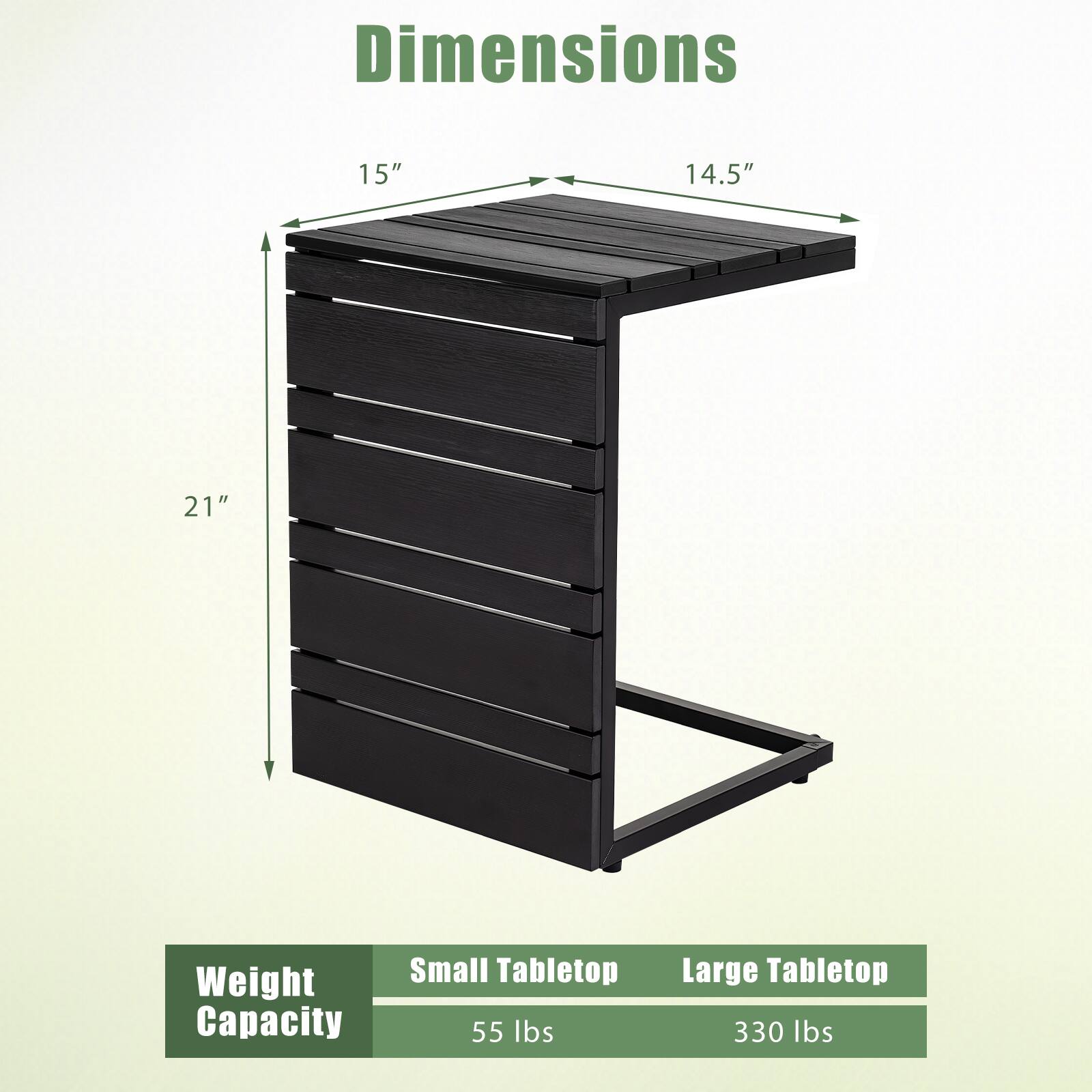 Dimensions
15"
14.5"
21"

Weight Capacity
Small Tabletop: 55 lbs
Large Tabletop: 330 lbs