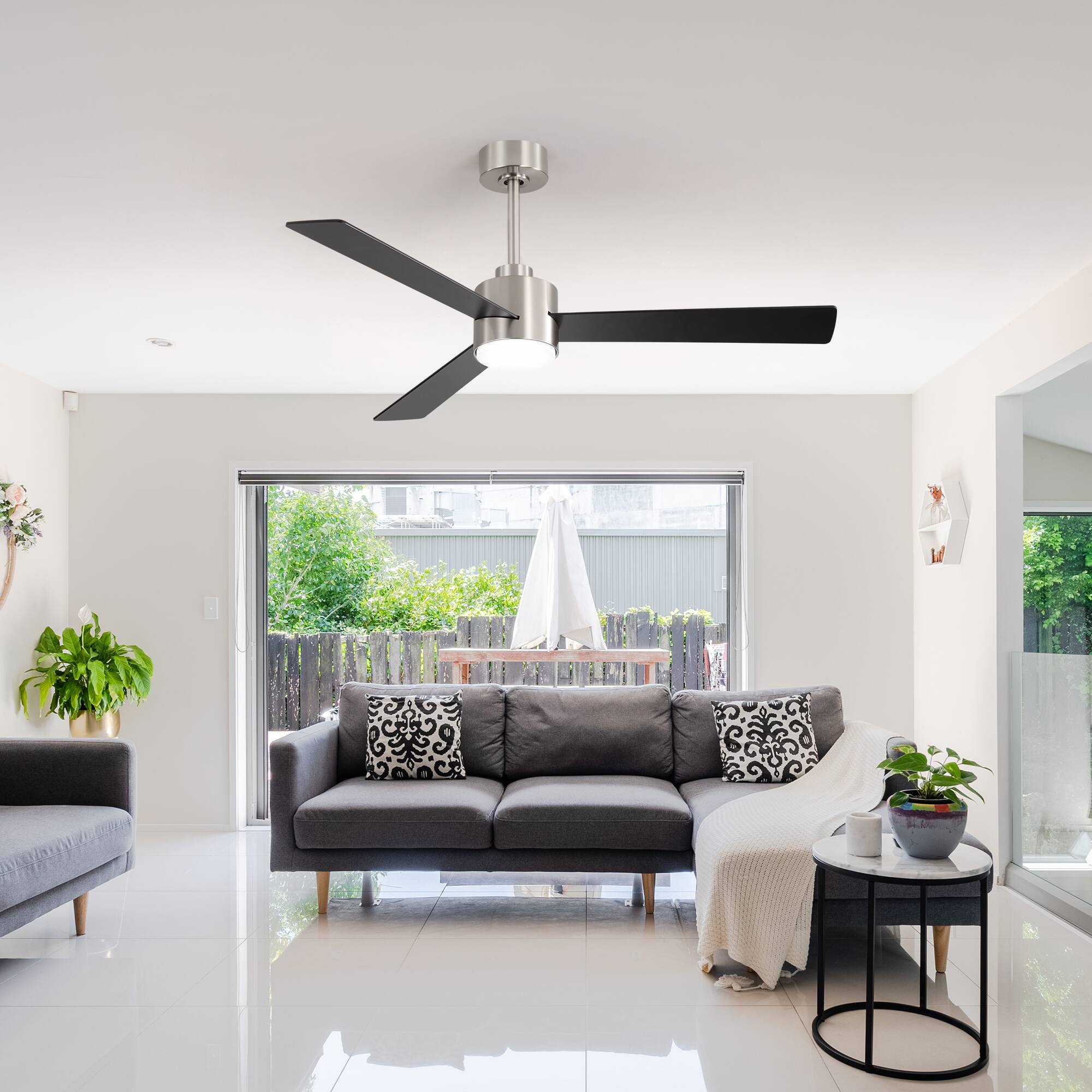 Alt View 10. Breezary - 52" Indoor Ceiling Fan, 3 Plywood Blades, 6-Speed DC Motor, Remote & Timer, 5" & 10" Downrods, LED Light/No Light Option - Satin Nickel and Black(With Light).