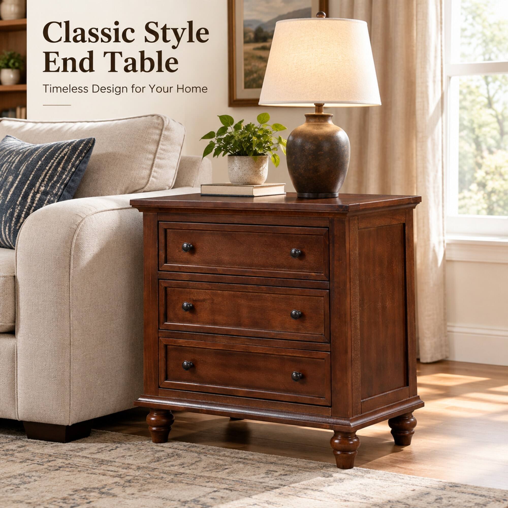 RYHNUYNE 27.6 in Nightstand, Pine Wood Veneer, 3 Drawers, Pull Out Tray ...
