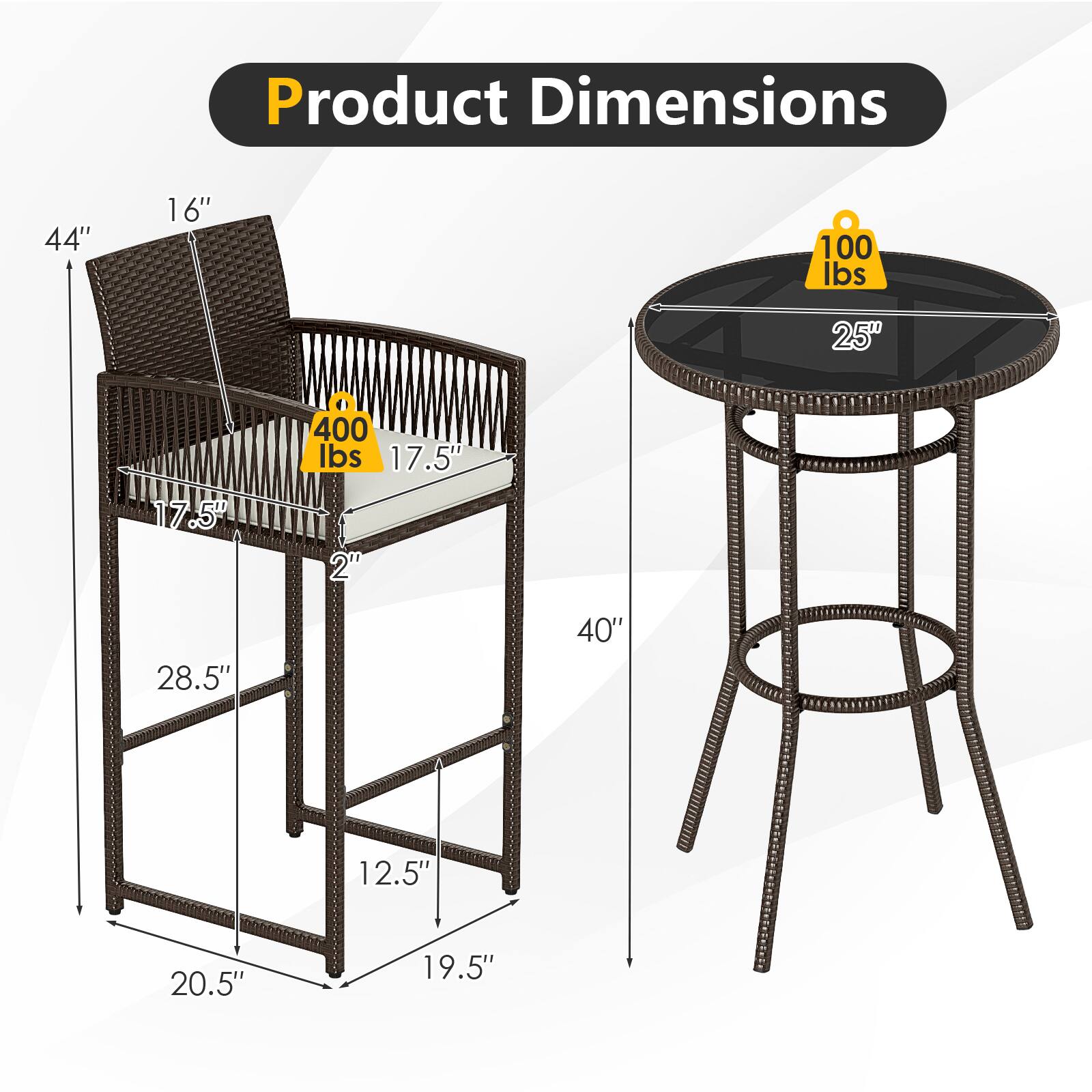 Product Dimensions

- Chair:
  - Height: 44"
  - Seat Height: 17.5"
  - Seat Depth: 16"
  - Seat Width: 17.5"
  - Back Height: 40"
  - Armrest Height: 28.5"
  - Seat to Floor: 12.5"
  - Overall Width: 20.5"
  - Overall Depth: 19.5"
  - Weight Capacity: 400 lbs

- Table:
  - Diameter: 25"
  - Height: 2"
  - Weight Capacity: 100 lbs