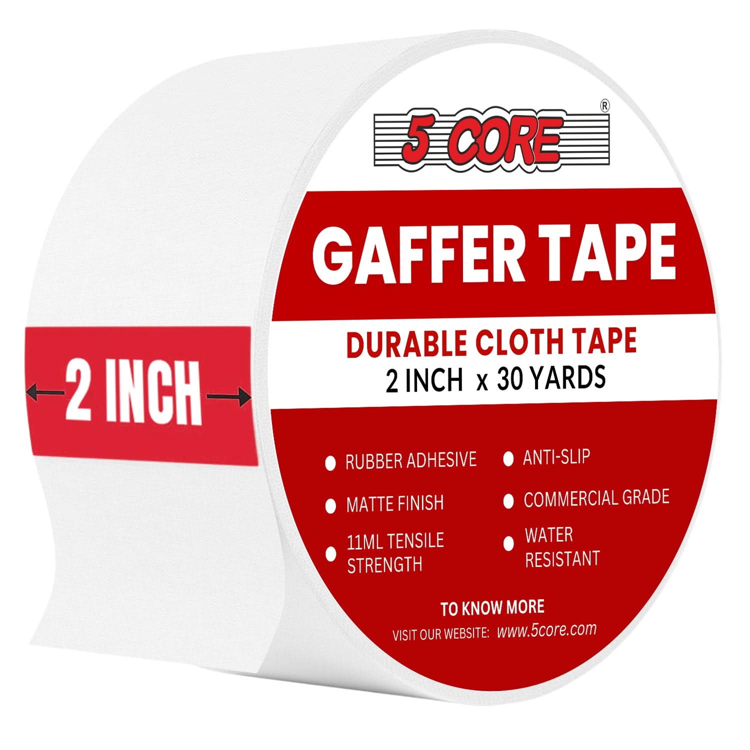 5 CORE - Gaffers Tape 2 Inch 30 Yards Professional Pro Gaff Tape Non Reflective Water Resistant - White