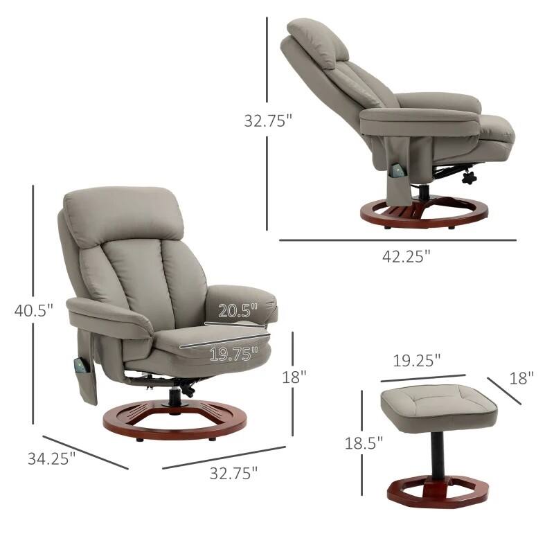 - Height: 42.25"
- Width: 40.5"
- Depth: 32.75"
- Seat Height: 18"
- Seat Depth: 19.75"
- Armrest Height: 20.5"
- Back Height: 34.25"
- Footrest Height: 18.5"
- Footrest Width: 19.25"
