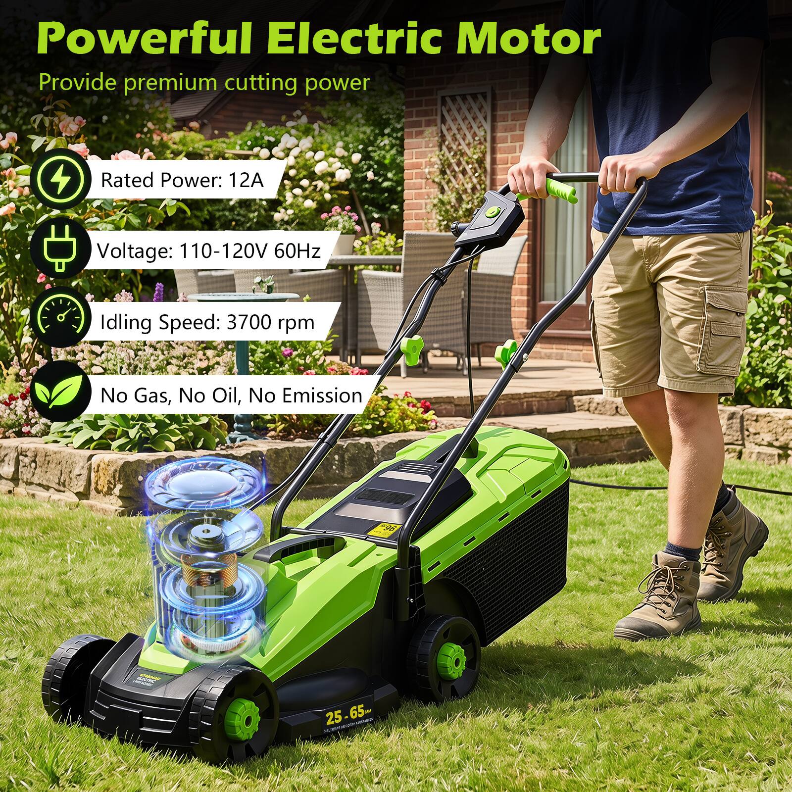 Powerful Electric Motor  
Provide premium cutting power  

Rated Power: 12A  
Voltage: 110-120V 60Hz  
Idling Speed: 3700 rpm  
No Gas, No Oil, No Emission  

25-65 TACHANGUSHOCK