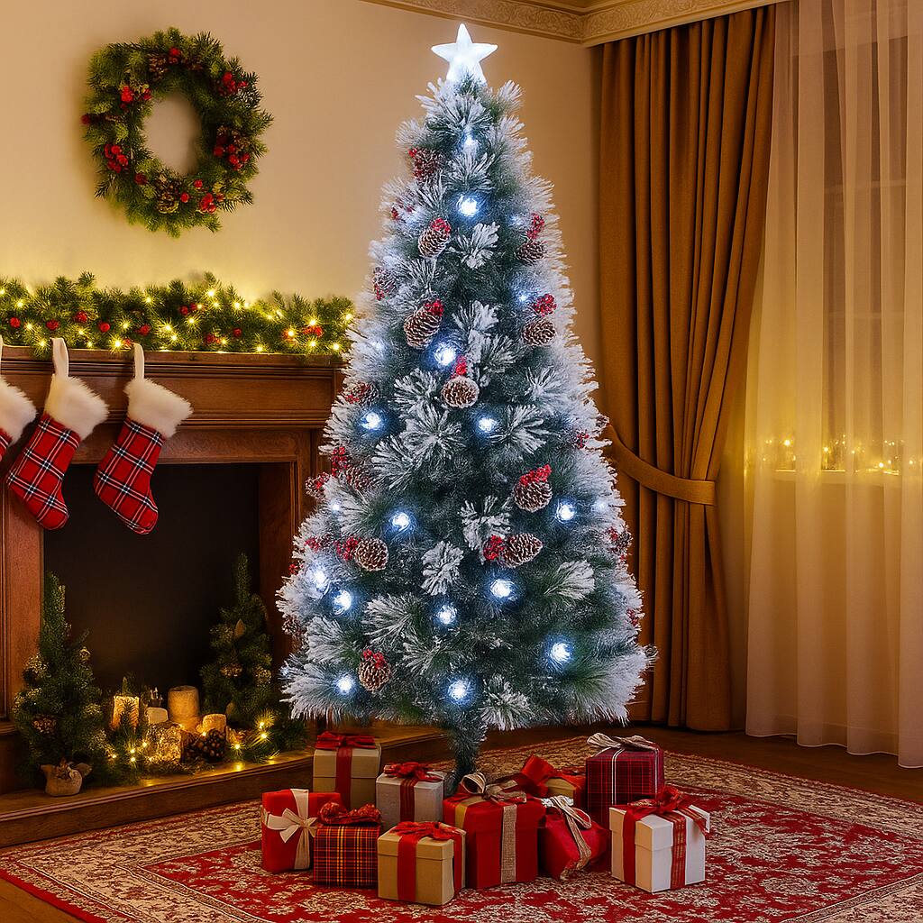 Angle. BreeBe - Snow Covered Christmas Tree 5/6/7FT with 8 Built-in Light Modes - Green.