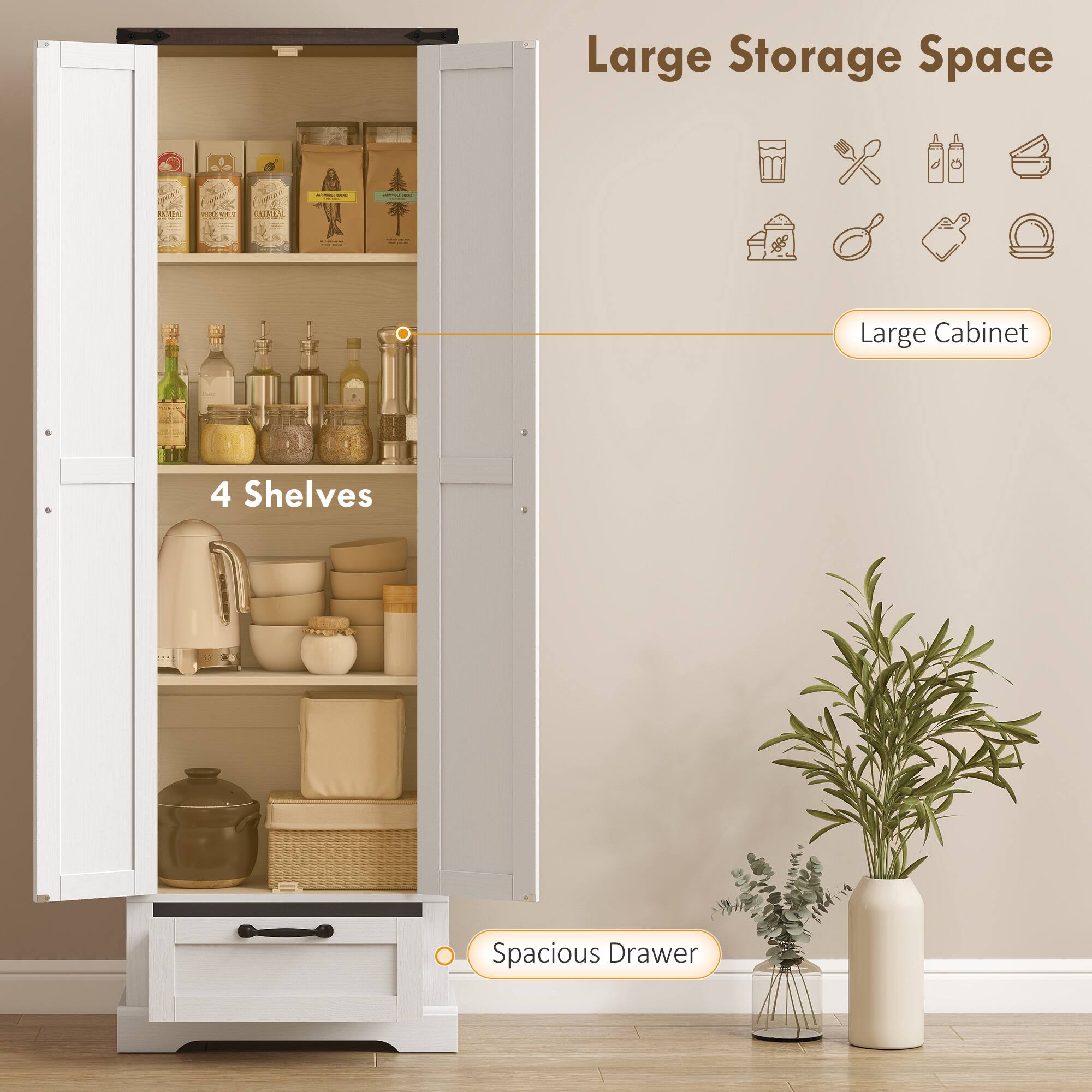 Large Storage Space  
Large Cabinet  
4 Shelves  
Spacious Drawer